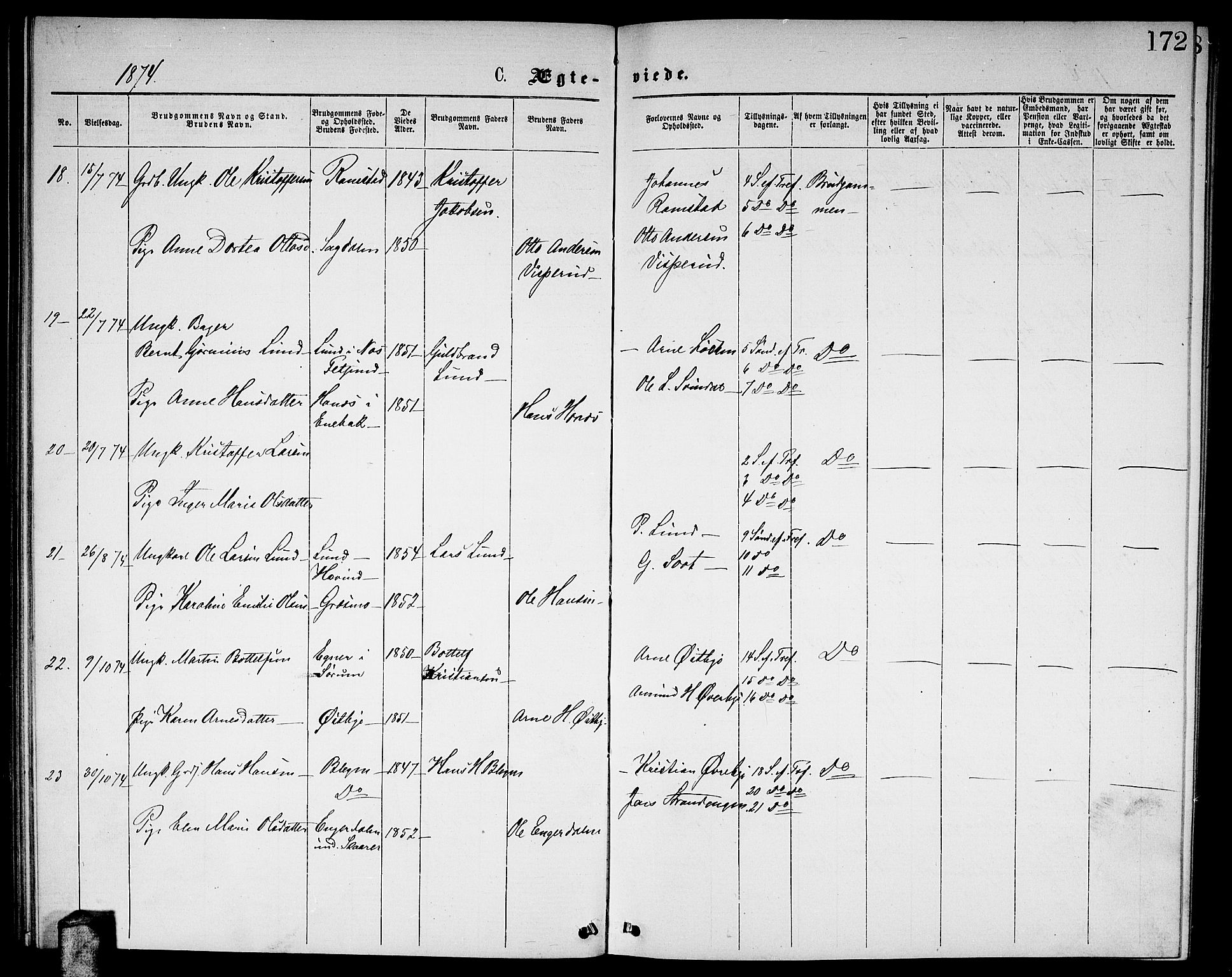 Fet prestekontor Kirkebøker, AV/SAO-A-10370a/G/Ga/L0004: Klokkerbok nr. I 4, 1868-1874, s. 172