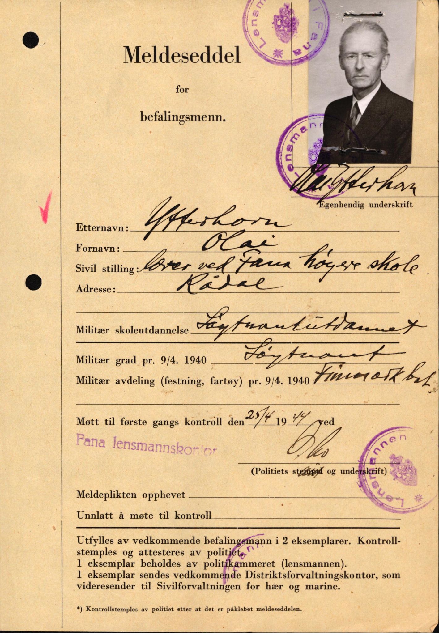 Forsvaret, Forsvarets krigshistoriske avdeling, AV/RA-RAFA-2017/Y/Yf/L0209: II-C-11-2121  -  Okkupasjonstiden.  Meldesedler for befal med foto og oppl. om militær grad 9. apr. 1940., 1944-1945, s. 1302