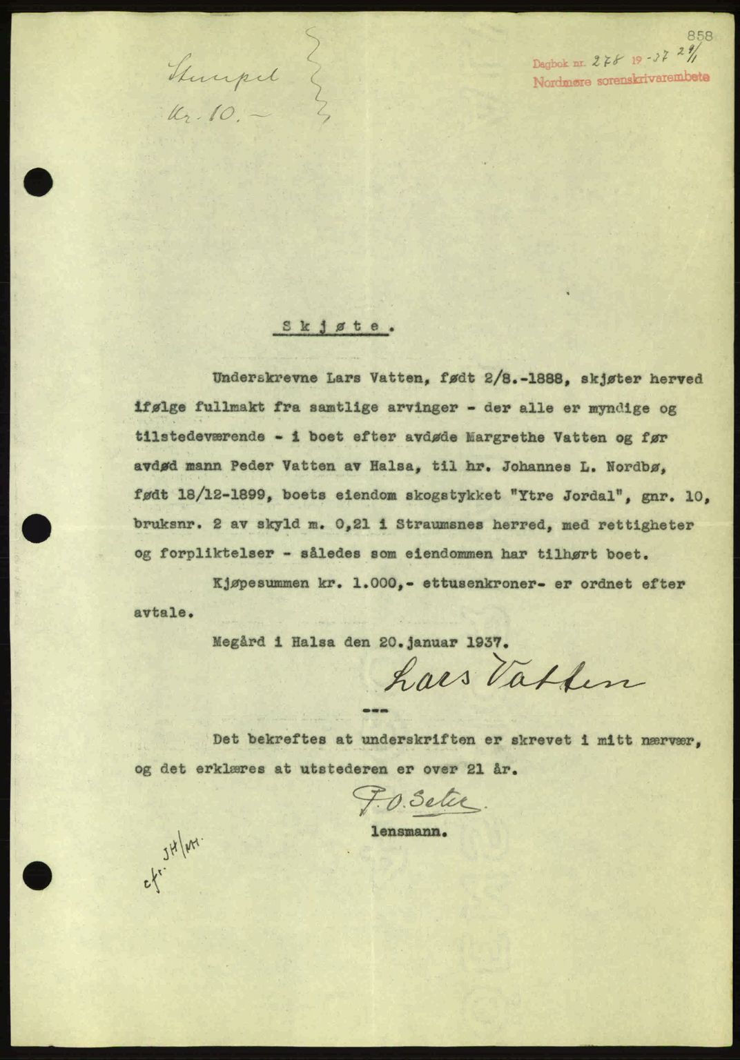 Nordmøre sorenskriveri, SAT/A-4132/1/2/2Ca: Pantebok nr. A80, 1936-1937, Dagboknr: 278/1937