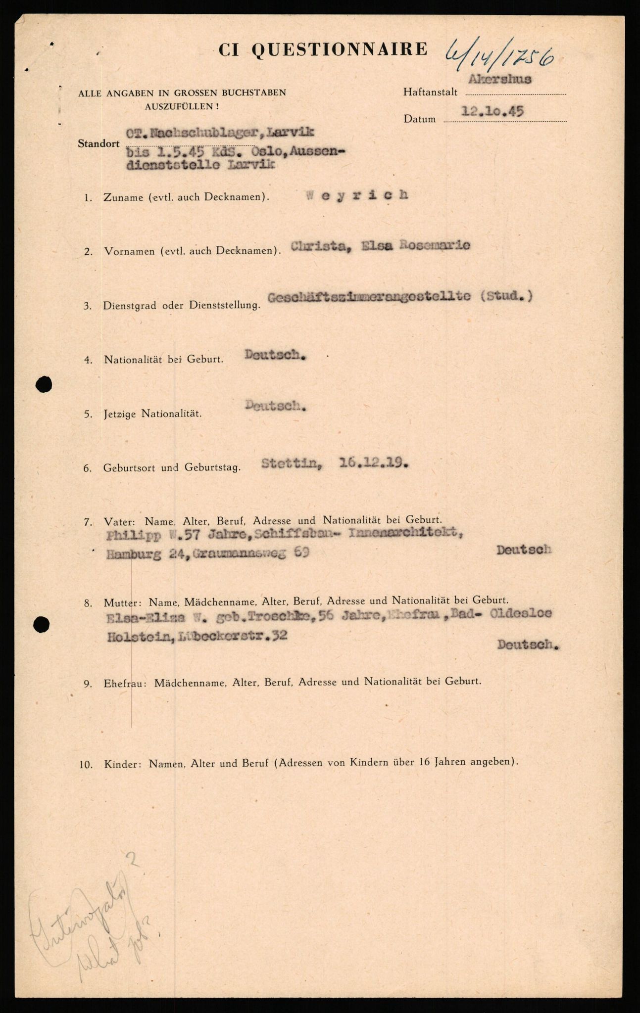 Forsvaret, Forsvarets overkommando II, AV/RA-RAFA-3915/D/Db/L0035: CI Questionaires. Tyske okkupasjonsstyrker i Norge. Tyskere., 1945-1946, s. 490