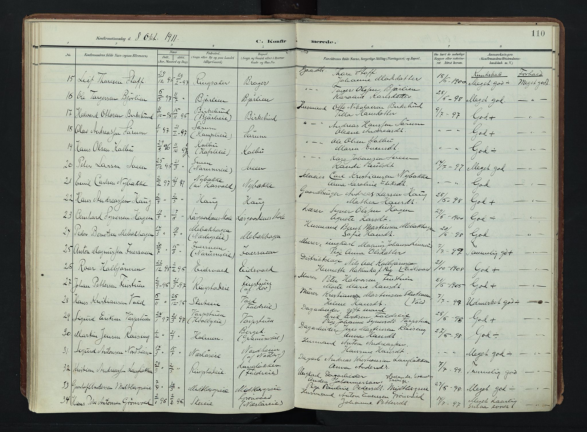 Søndre Land prestekontor, AV/SAH-PREST-122/K/L0007: Ministerialbok nr. 7, 1905-1914, s. 110