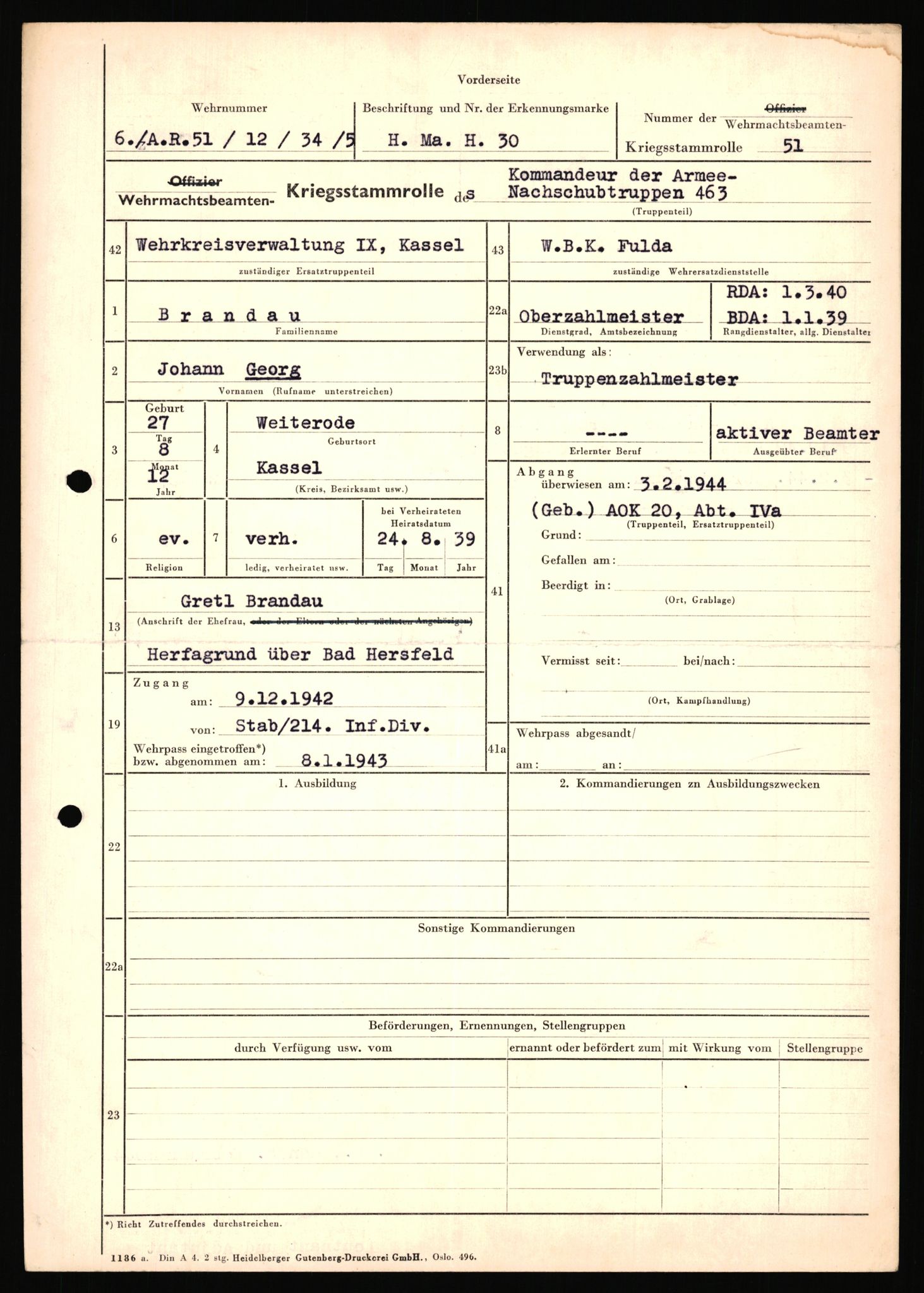 Forsvarets Overkommando. 2 kontor. Arkiv 11.4. Spredte tyske arkivsaker, AV/RA-RAFA-7031/D/Dar/Dara/L0018: Personalbøker, 1940-1945, s. 90