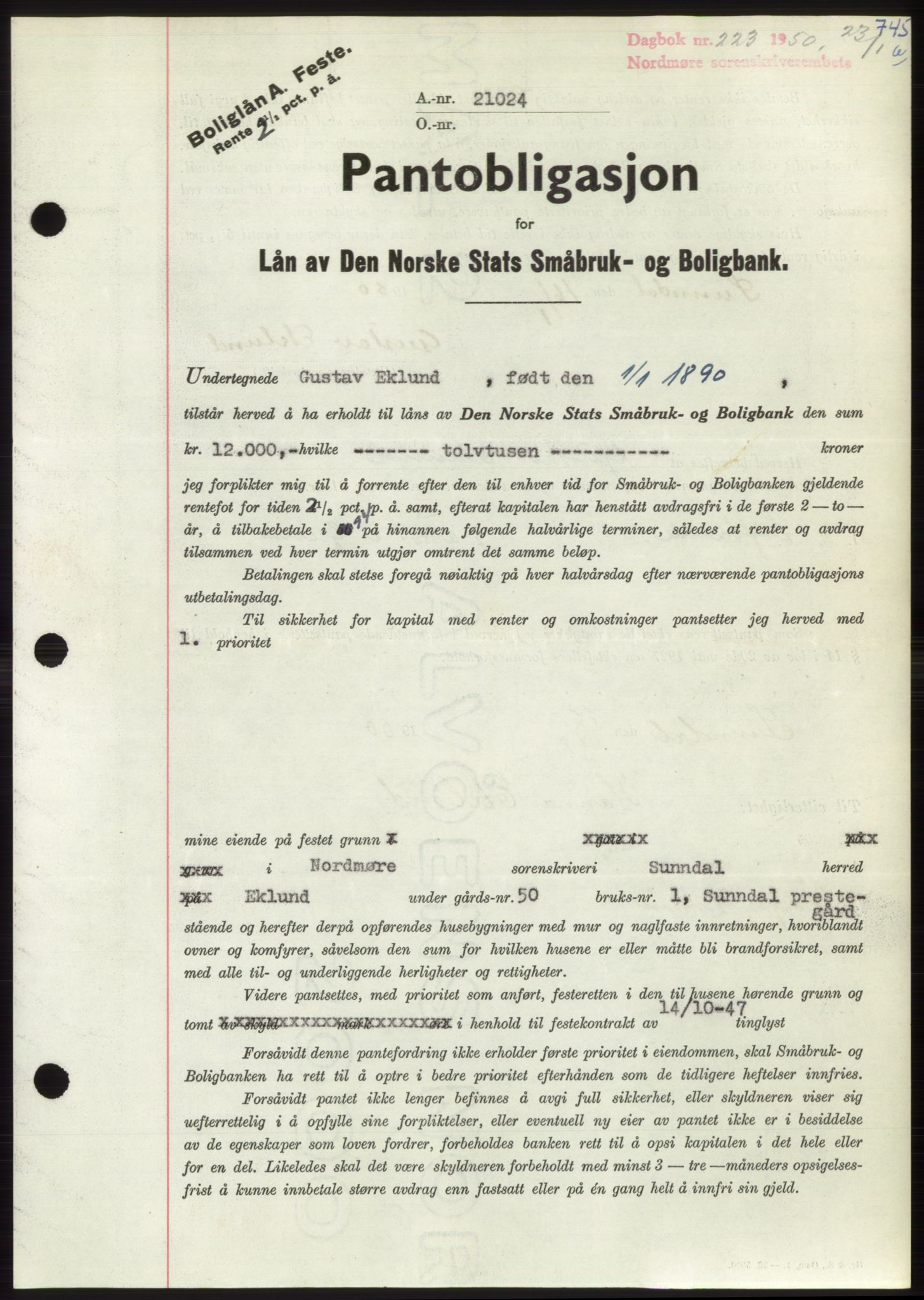 Nordmøre sorenskriveri, SAT/A-4132/1/2/2Ca: Pantebok nr. B103, 1949-1950, Dagboknr: 223/1950