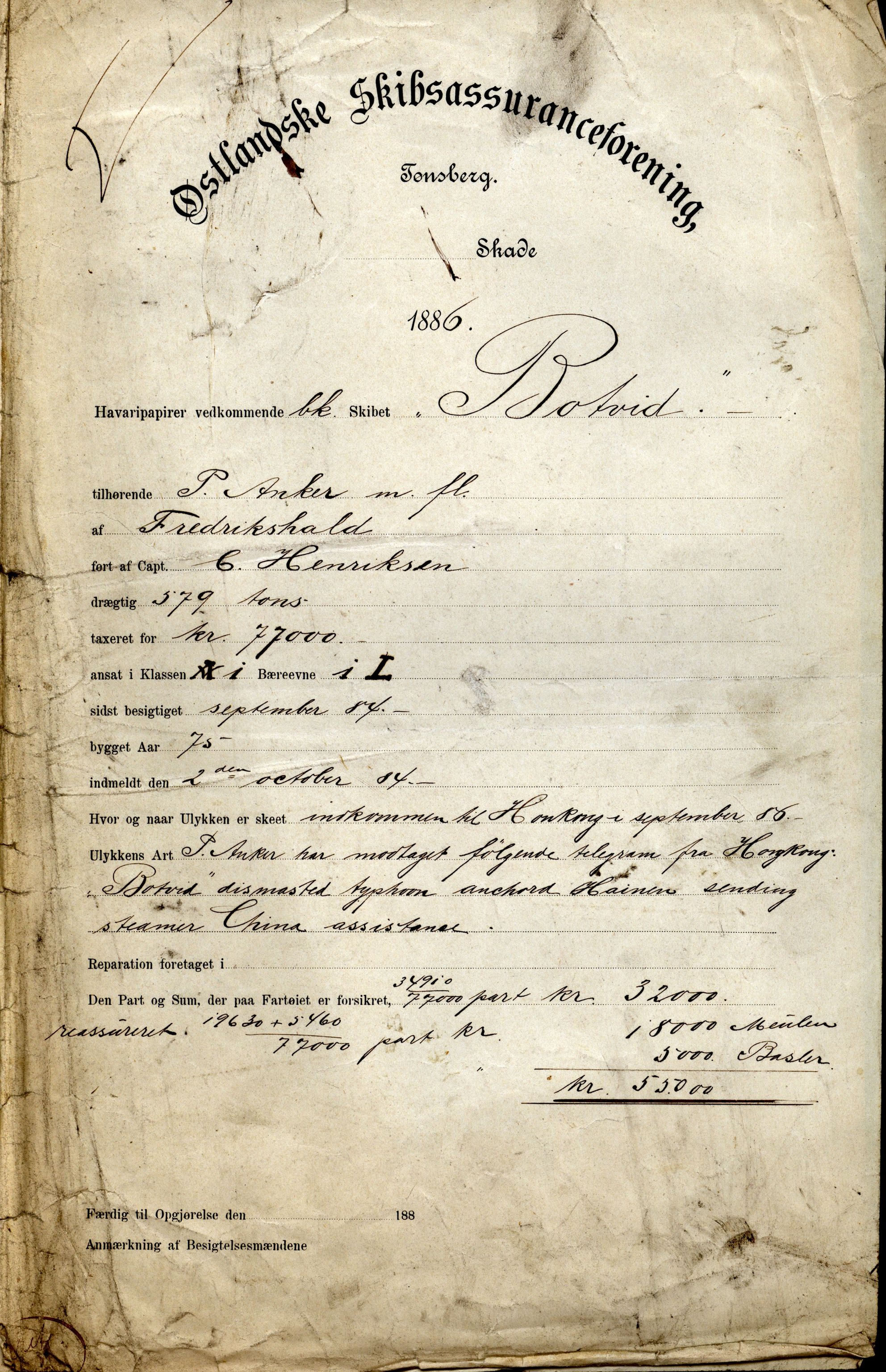 Pa 63 - Østlandske skibsassuranceforening, VEMU/A-1079/G/Ga/L0019/0010: Havaridokumenter / Victoria, Vigor, Cathrine, Brillant, Alvega, Rotvid, 1886, s. 45