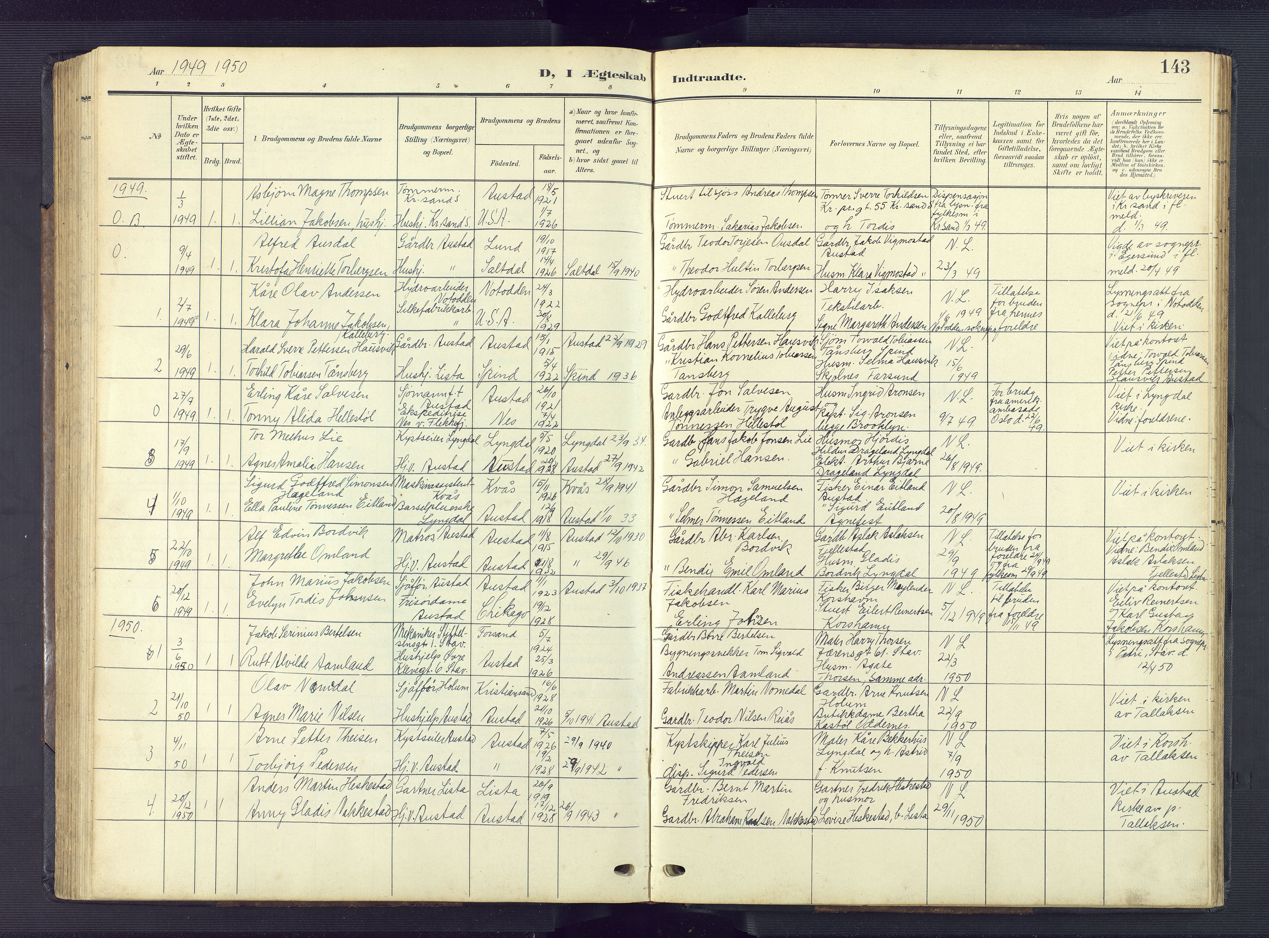 Lyngdal sokneprestkontor, AV/SAK-1111-0029/F/Fb/Fba/L0004: Klokkerbok nr. B 4, 1904-1950, s. 143