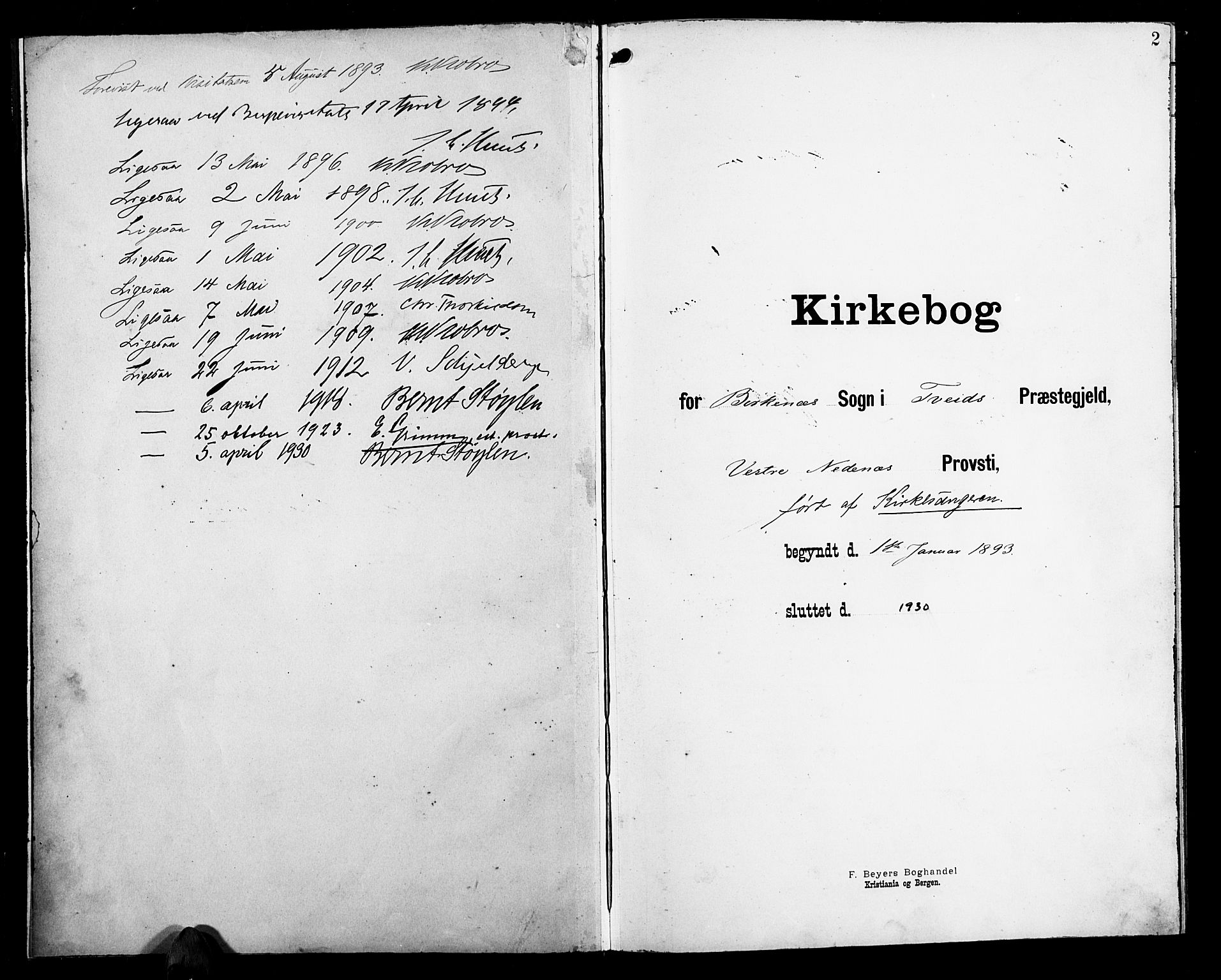 Birkenes sokneprestkontor, SAK/1111-0004/F/Fb/L0004: Klokkerbok nr. B 4, 1893-1930
