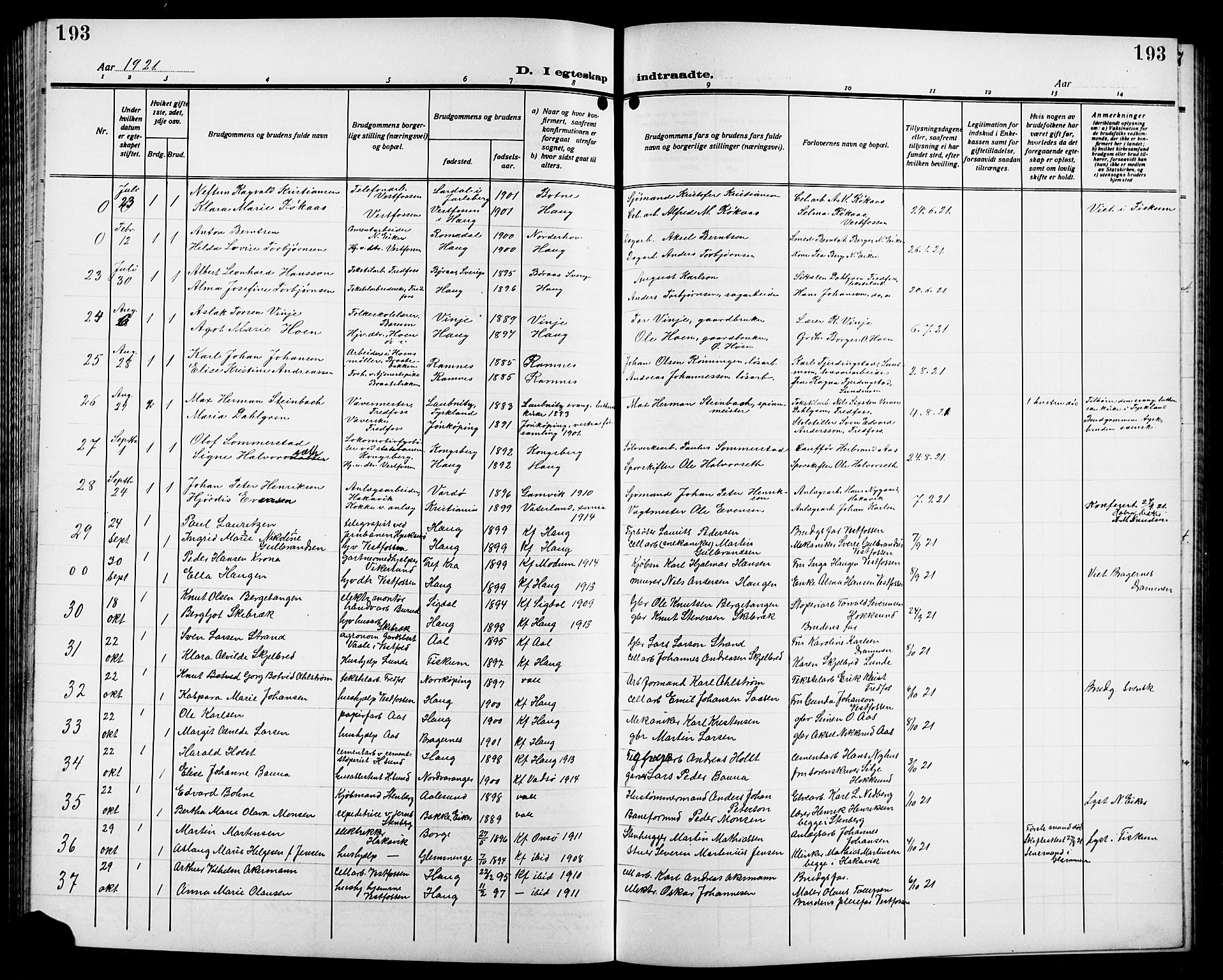 Eiker kirkebøker, AV/SAKO-A-4/G/Ga/L0009: Klokkerbok nr. I 9, 1915-1924, s. 193