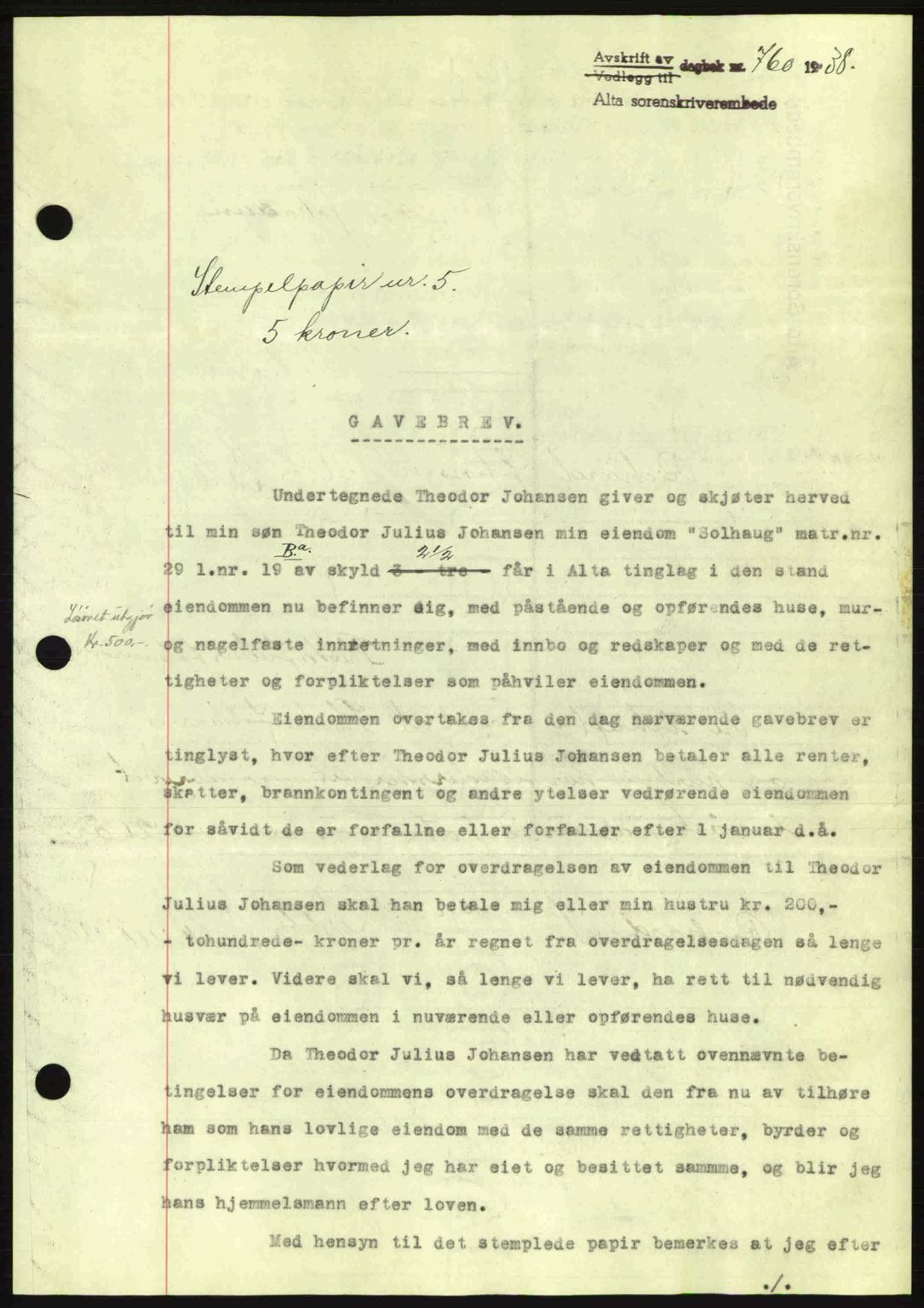 Alta fogderi/sorenskriveri, SATØ/SATØ-5/1/K/Kd/L0031pantebok: Pantebok nr. 31, 1938-1939, Dagboknr: 760/1938