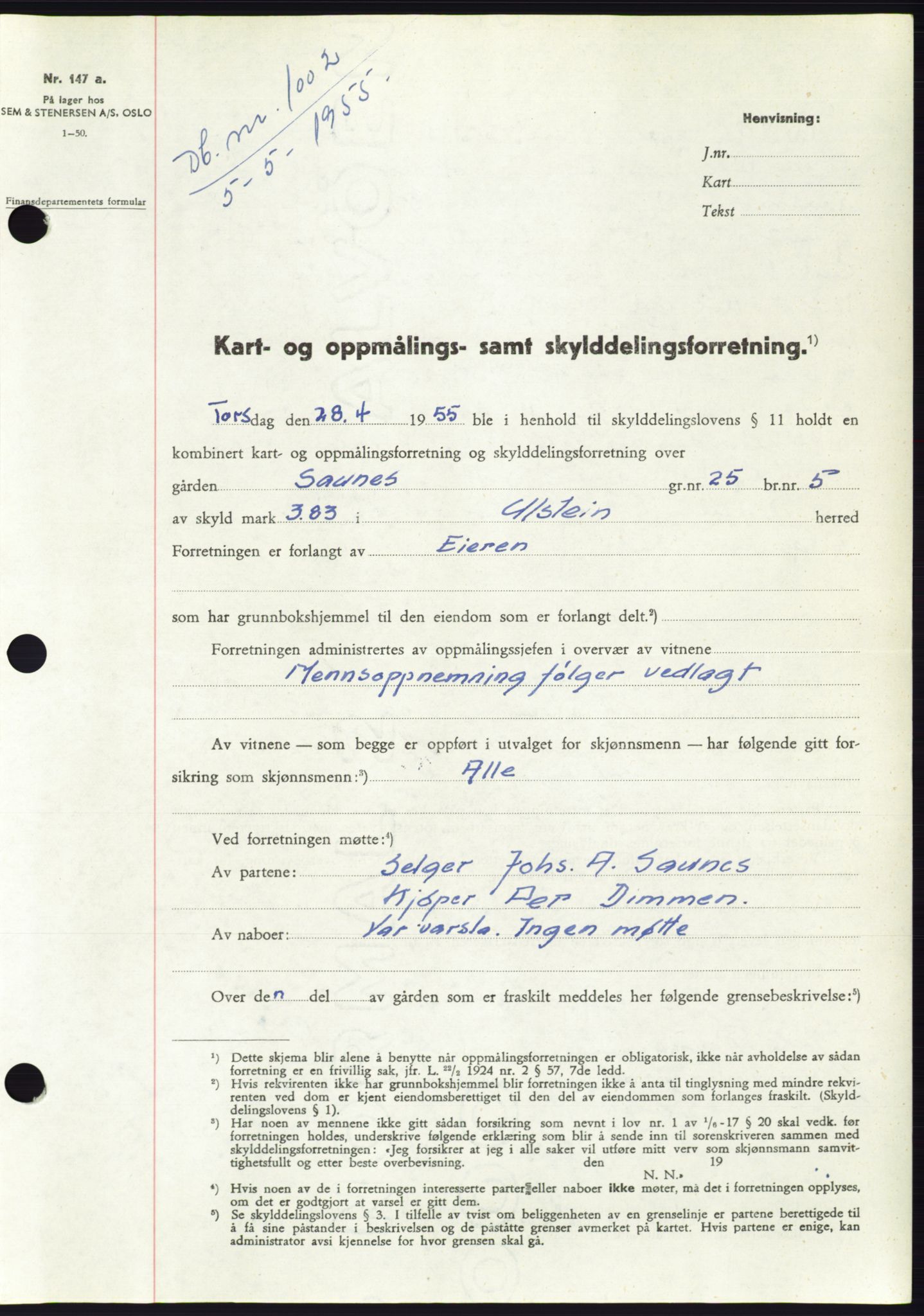 Søre Sunnmøre sorenskriveri, SAT/A-4122/1/2/2C/L0100: Pantebok nr. 26A, 1954-1955, Dagboknr: 1002/1955
