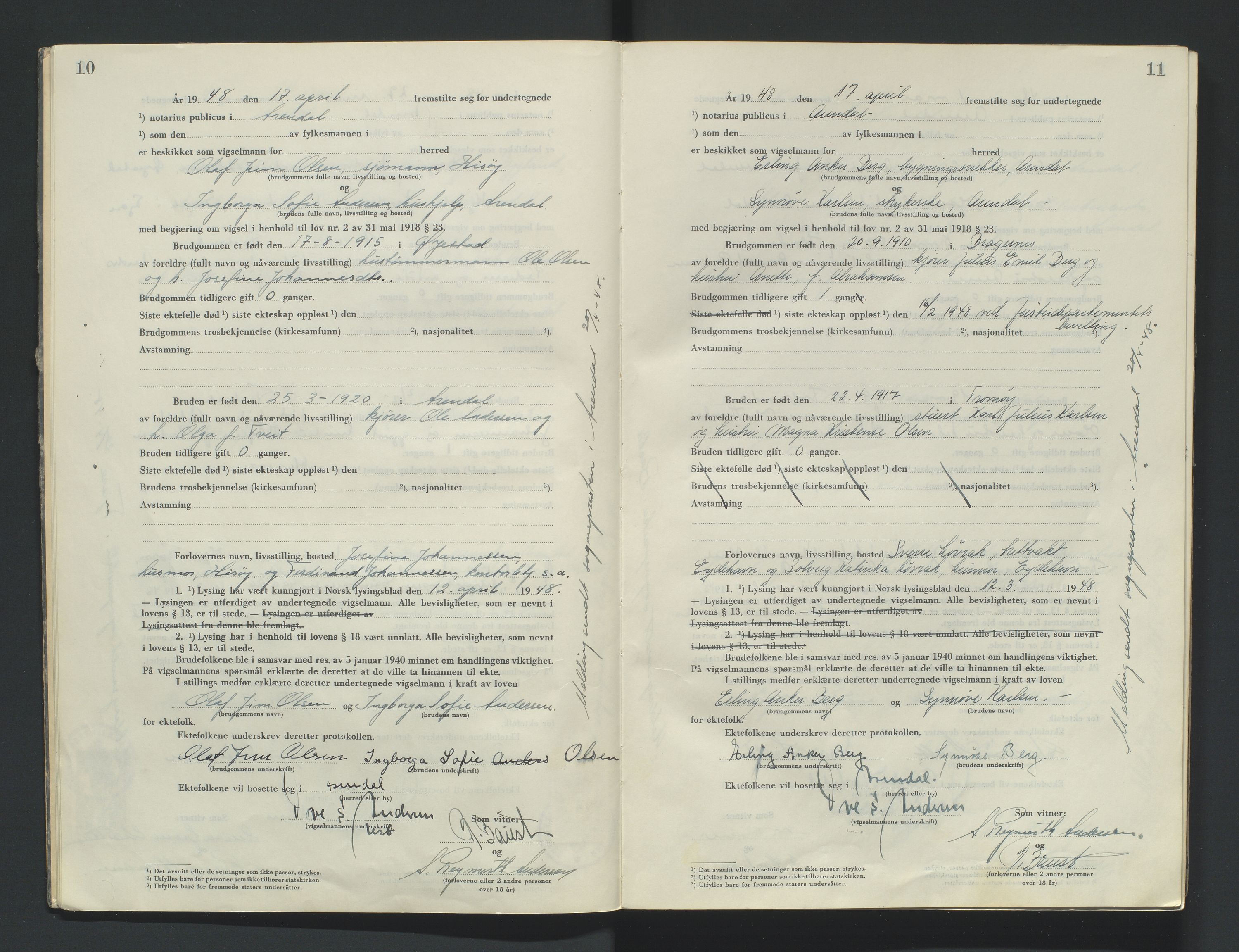 Nedenes sorenskriveri, AV/SAK-1221-0006/L/Ld/L0003/0001: Vigselsbøker / Vigselbok, 1948-1953, s. 10-11