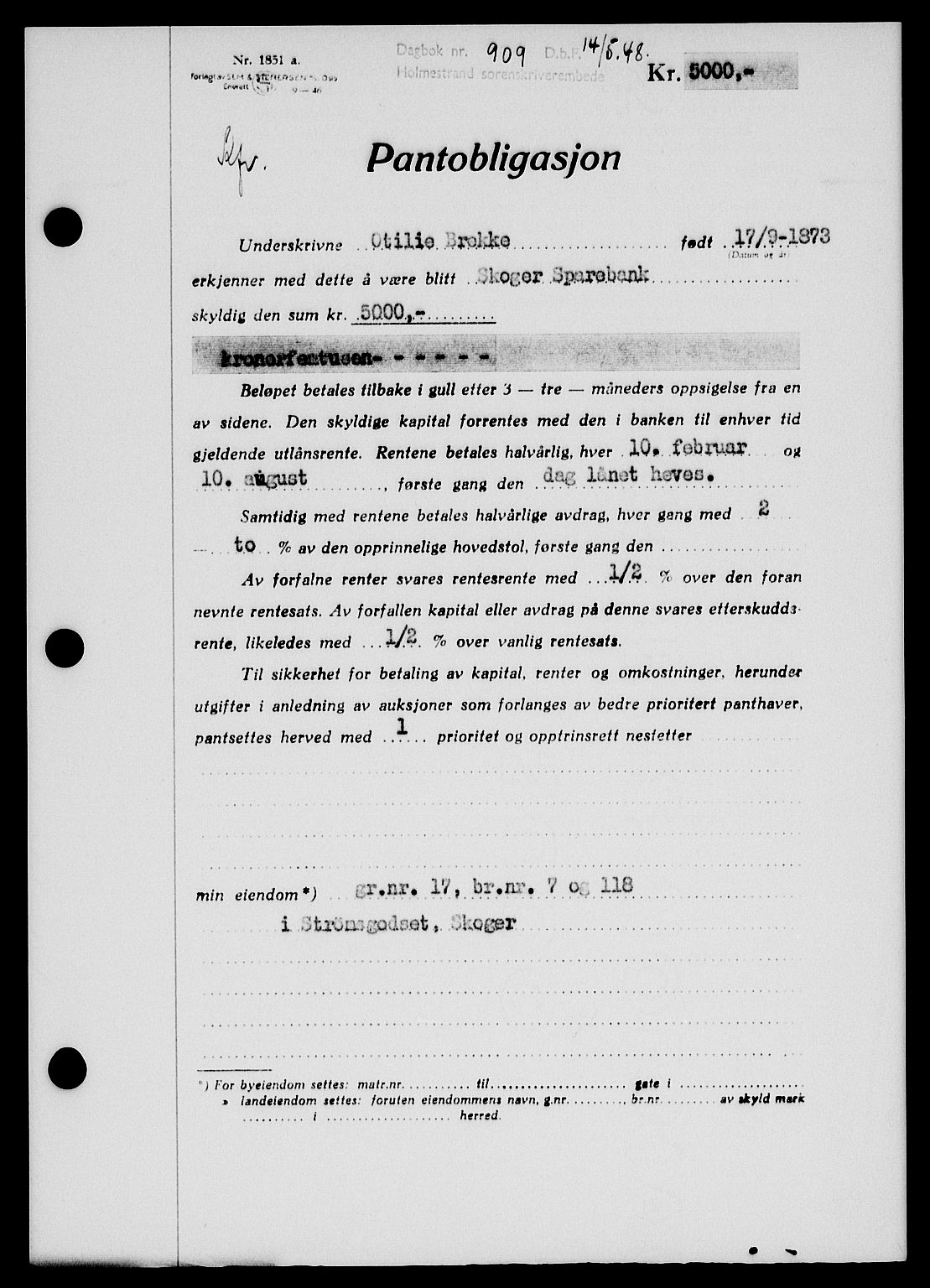 Holmestrand sorenskriveri, SAKO/A-67/G/Ga/Gab/L0058: Pantebok nr. B-58, 1947-1948, Dagboknr: 909/1948
