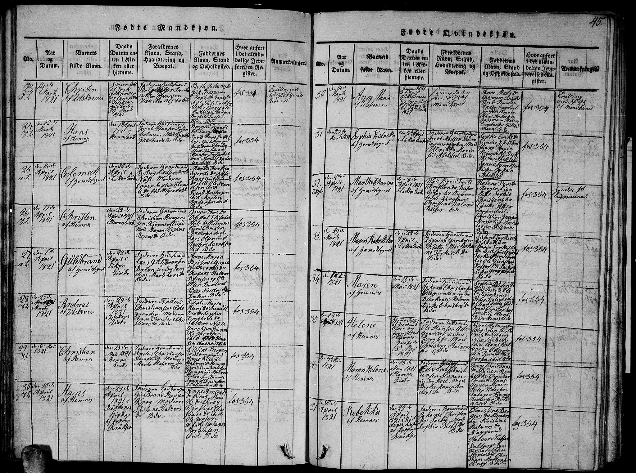 Høland prestekontor Kirkebøker, AV/SAO-A-10346a/G/Ga/L0001: Klokkerbok nr. I 1, 1814-1827, s. 45