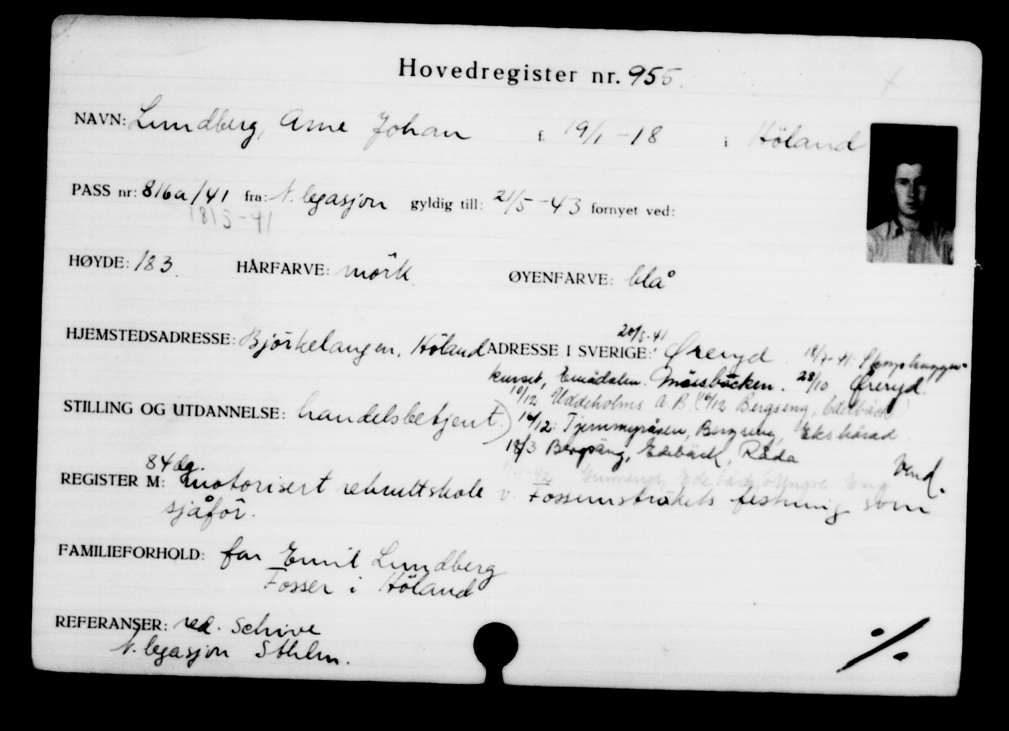 Utenriksstasjonene, Legasjonen i Stockholm, Flyktningkontoret, AV/RA-S-6753/V/Va/L0001: Kjesäterkartoteket, flyktninger med registreringsnr. 1-1000, 1940-1945, s. 1485