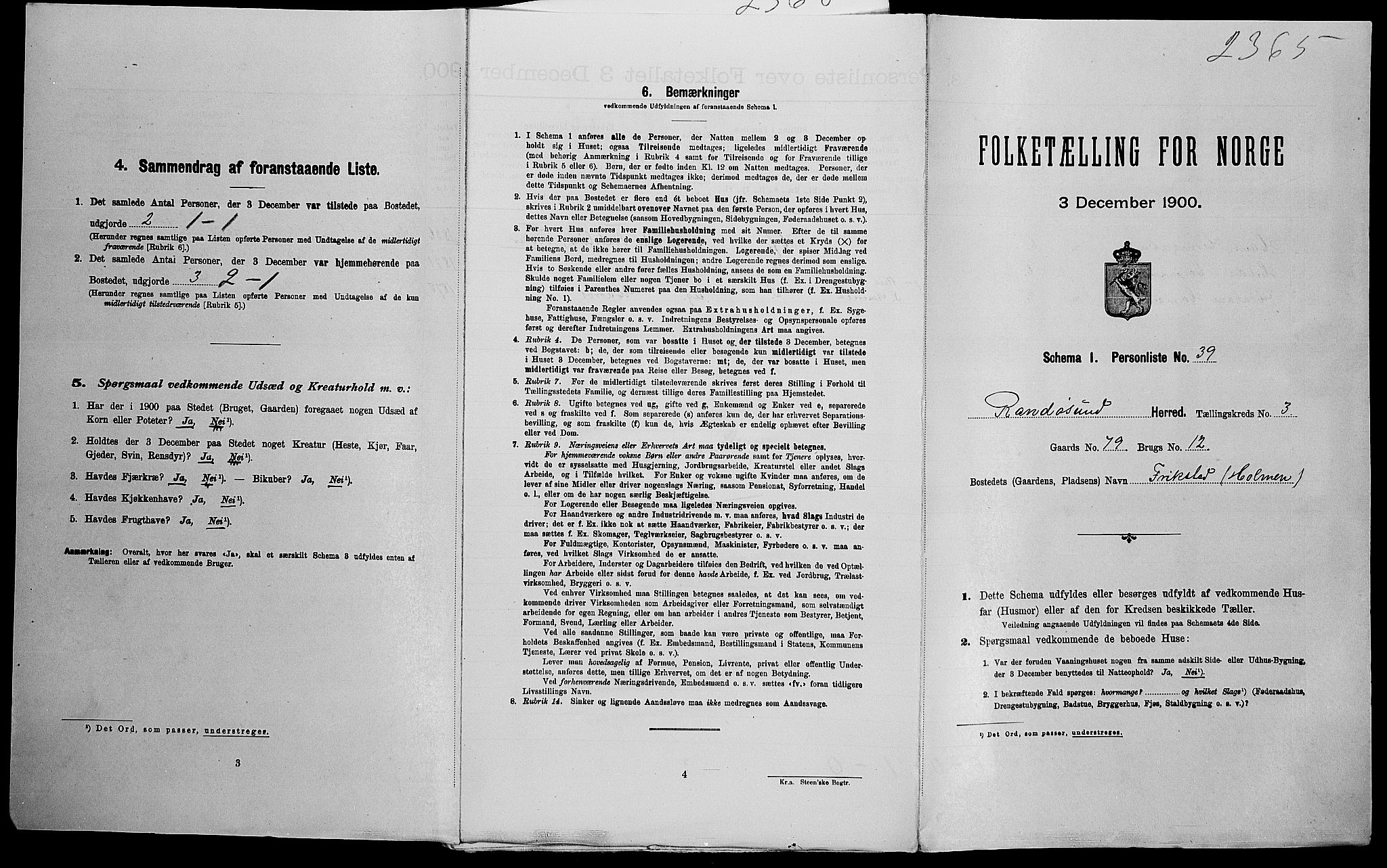 SAK, Folketelling 1900 for 1011 Randesund herred, 1900, s. 421