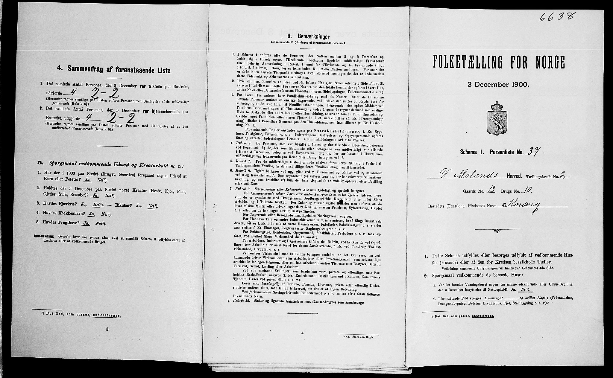 SAK, Folketelling 1900 for 0926 Vestre Moland herred, 1900, s. 308