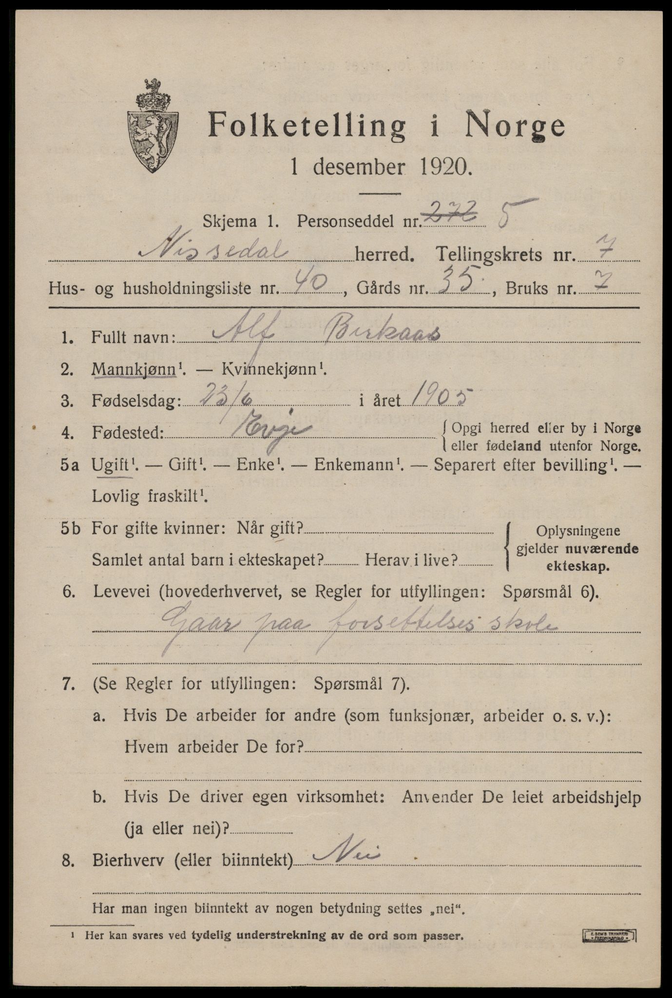 SAKO, Folketelling 1920 for 0830 Nissedal herred, 1920, s. 3015