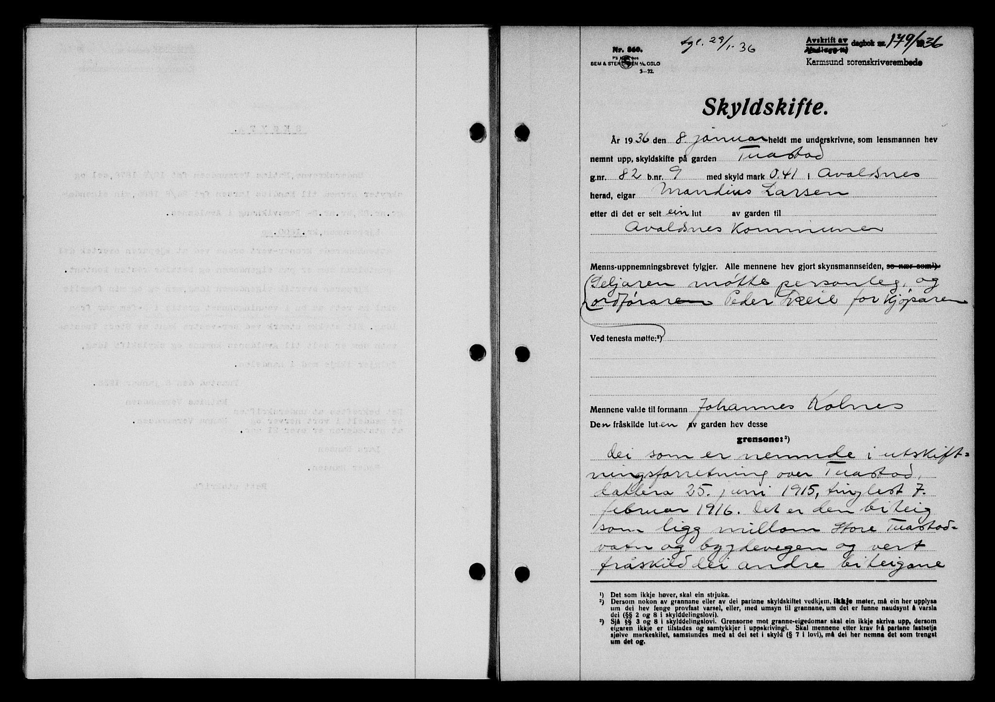 Karmsund sorenskriveri, SAST/A-100311/01/II/IIB/L0066: Pantebok nr. 47A, 1936-1936, Dagboknr: 179/1936