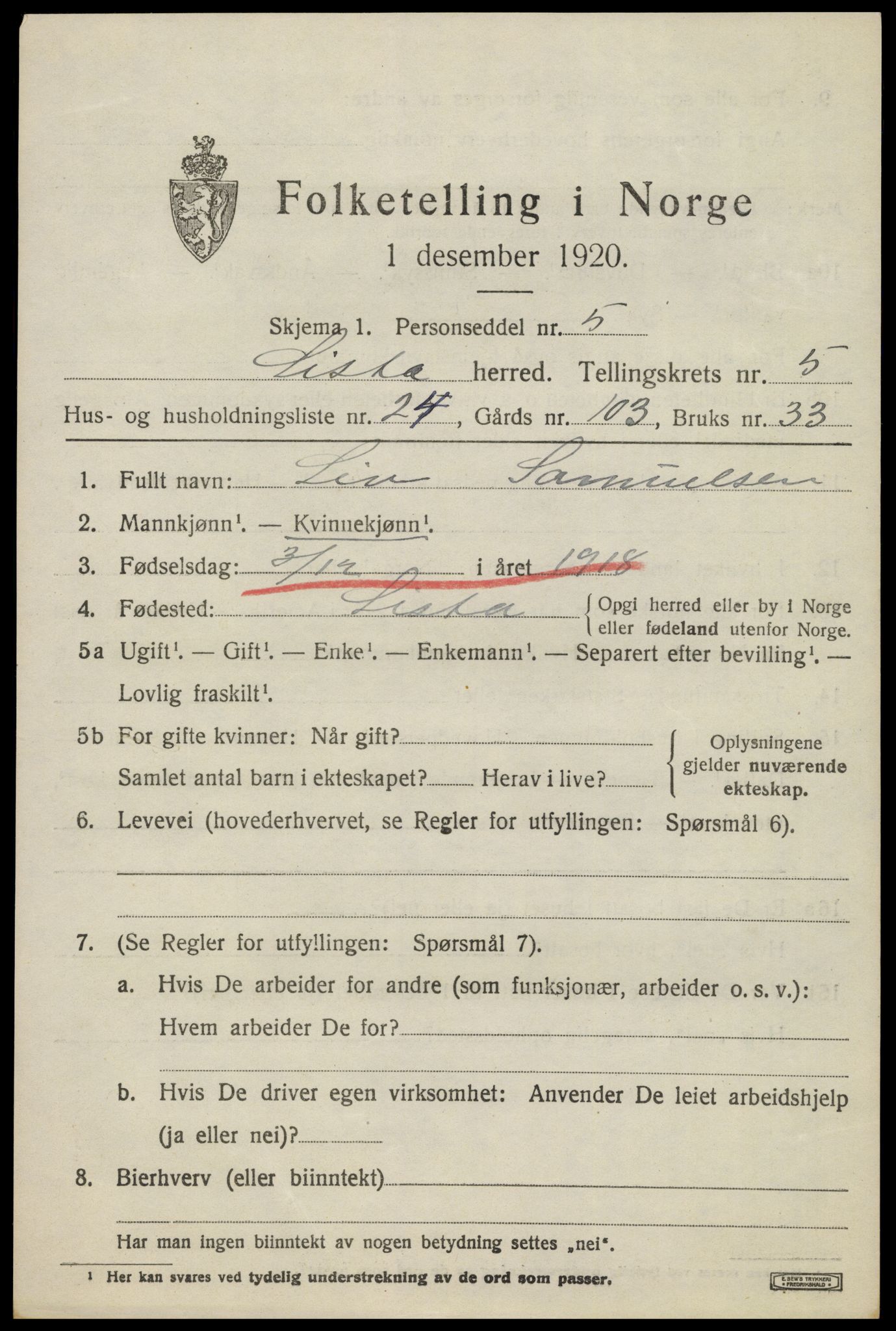 SAK, Folketelling 1920 for 1041 Lista herred, 1920, s. 5707