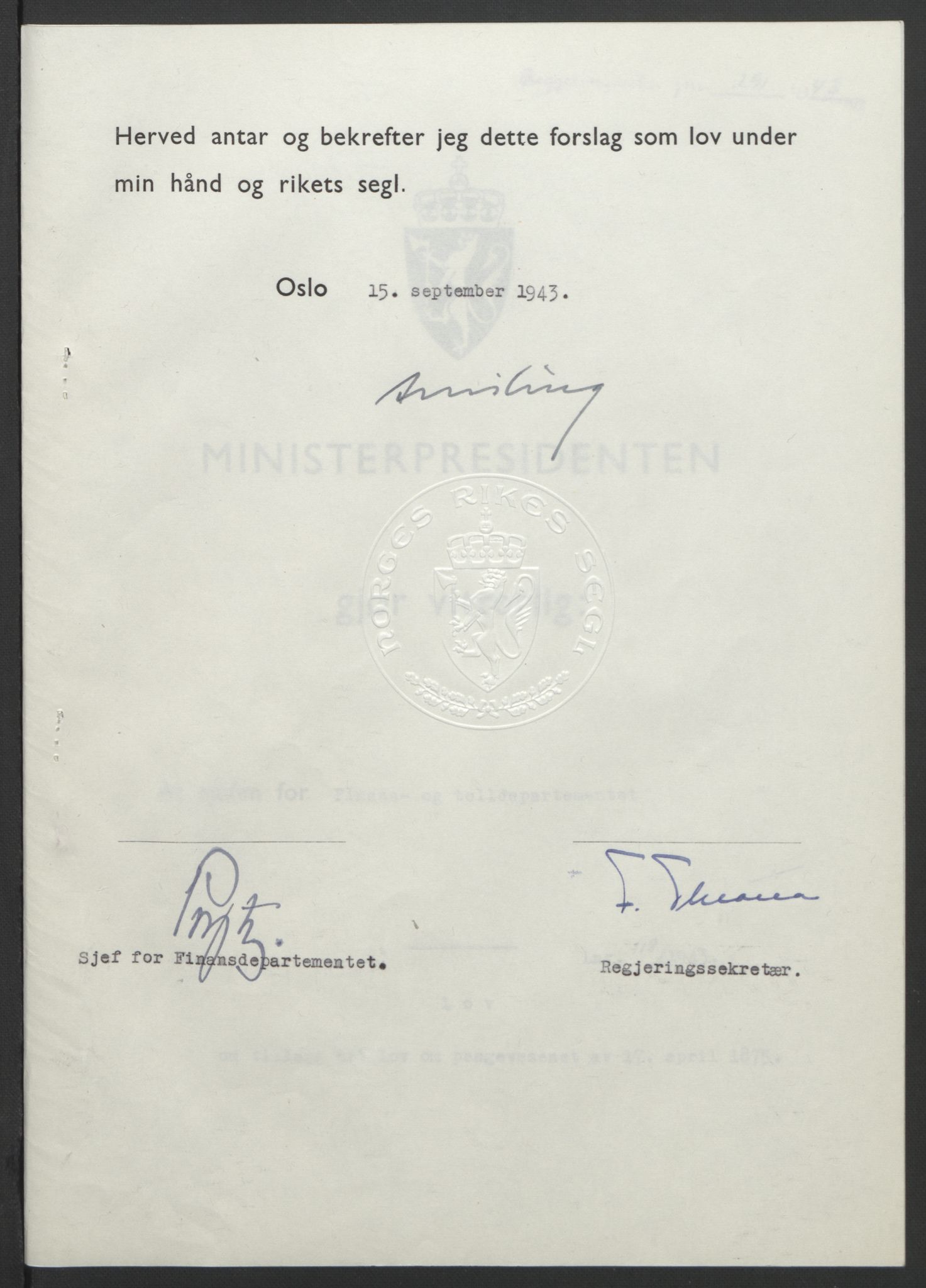 NS-administrasjonen 1940-1945 (Statsrådsekretariatet, de kommisariske statsråder mm), AV/RA-S-4279/D/Db/L0099: Lover, 1943, s. 551