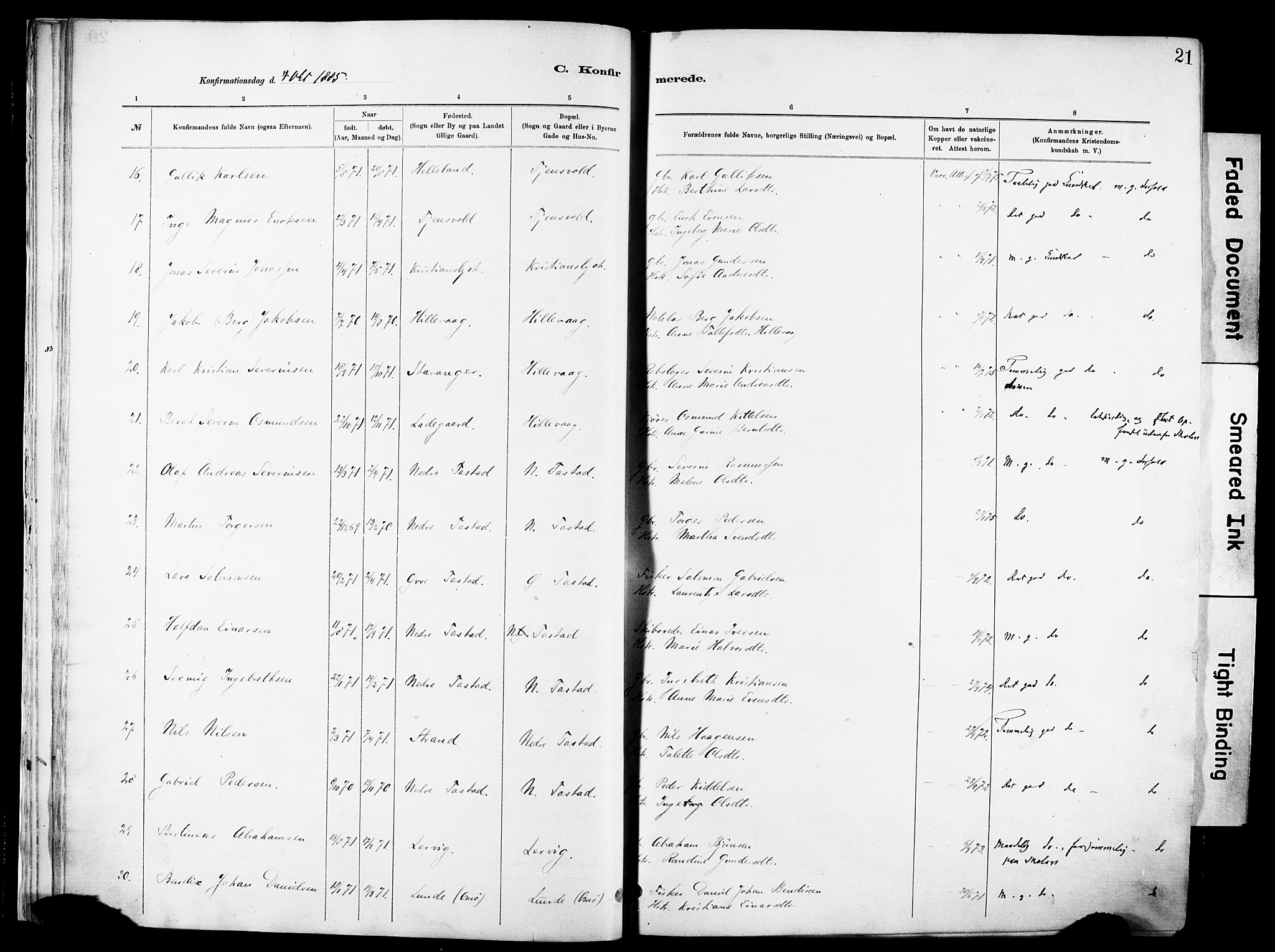 Hetland sokneprestkontor, AV/SAST-A-101826/30/30BA/L0012: Ministerialbok nr. A 12, 1882-1912, s. 21