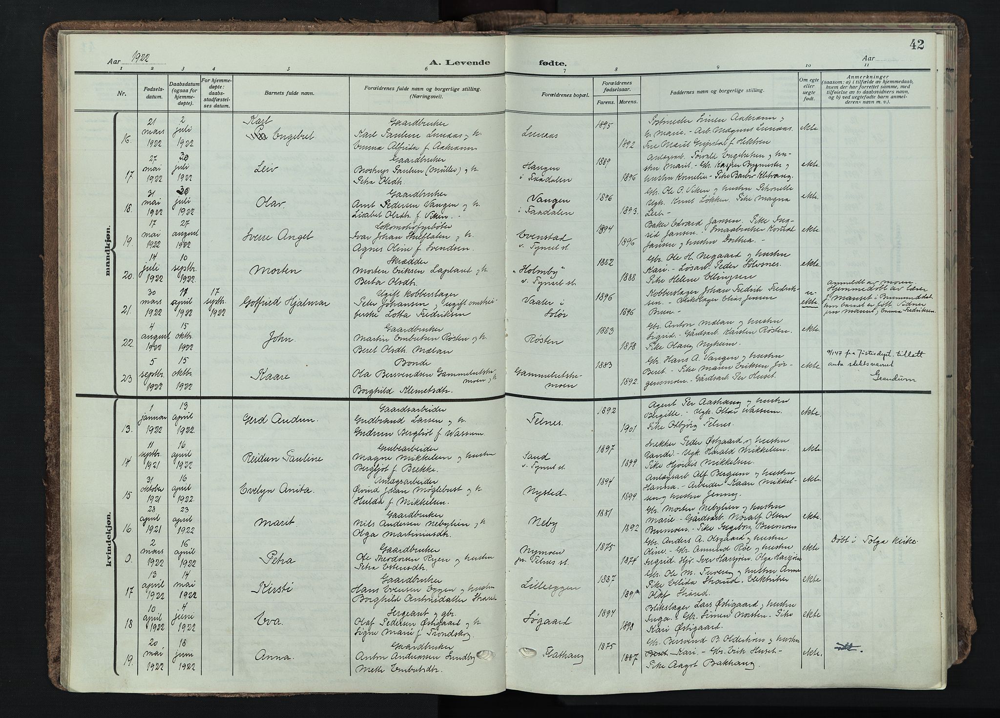 Tynset prestekontor, AV/SAH-PREST-058/H/Ha/Haa/L0026: Ministerialbok nr. 26, 1915-1929, s. 42