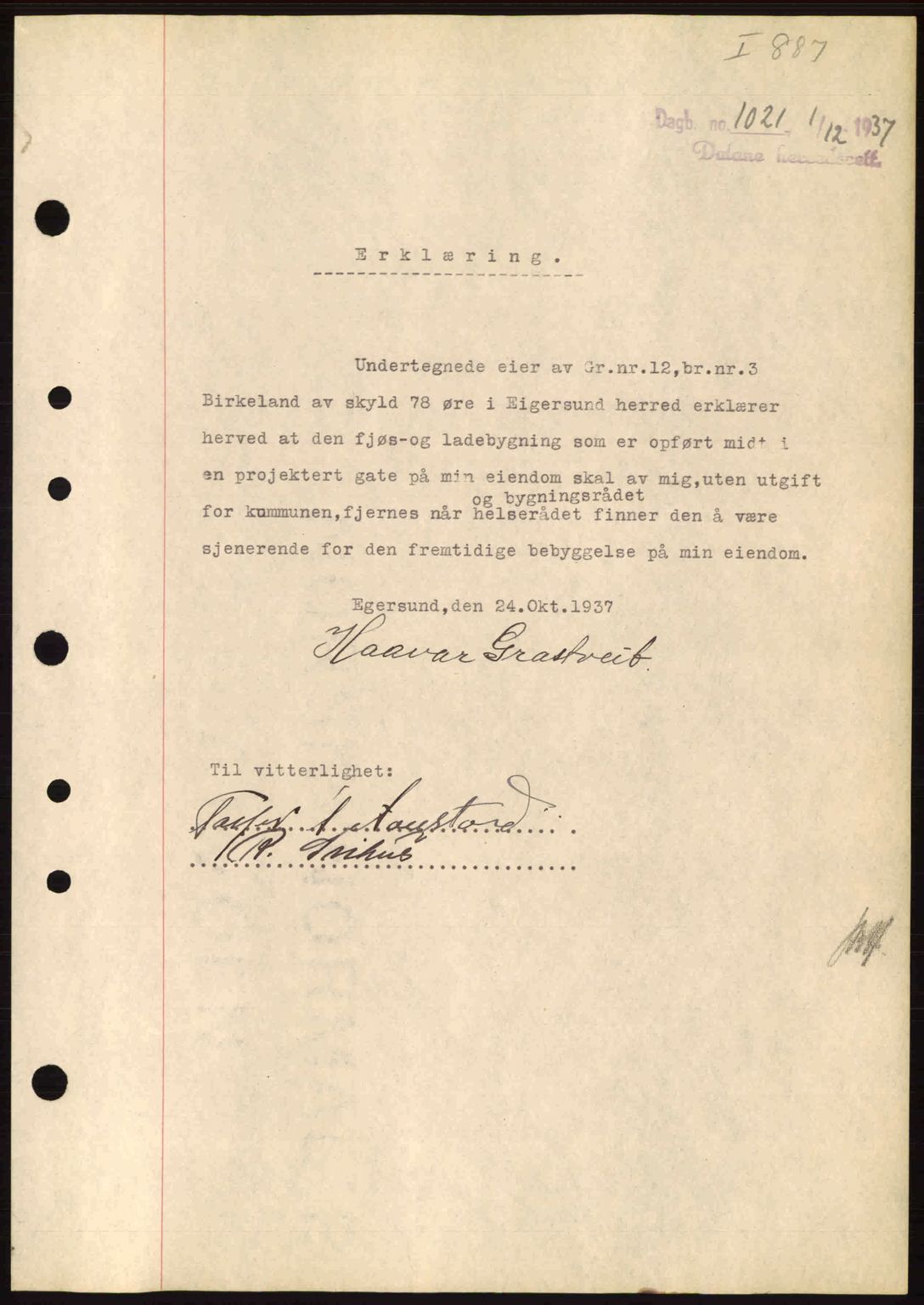 Dalane sorenskriveri, SAST/A-100309/02/G/Gb/L0041: Pantebok nr. A2, 1936-1937, Dagboknr: 1021/1937