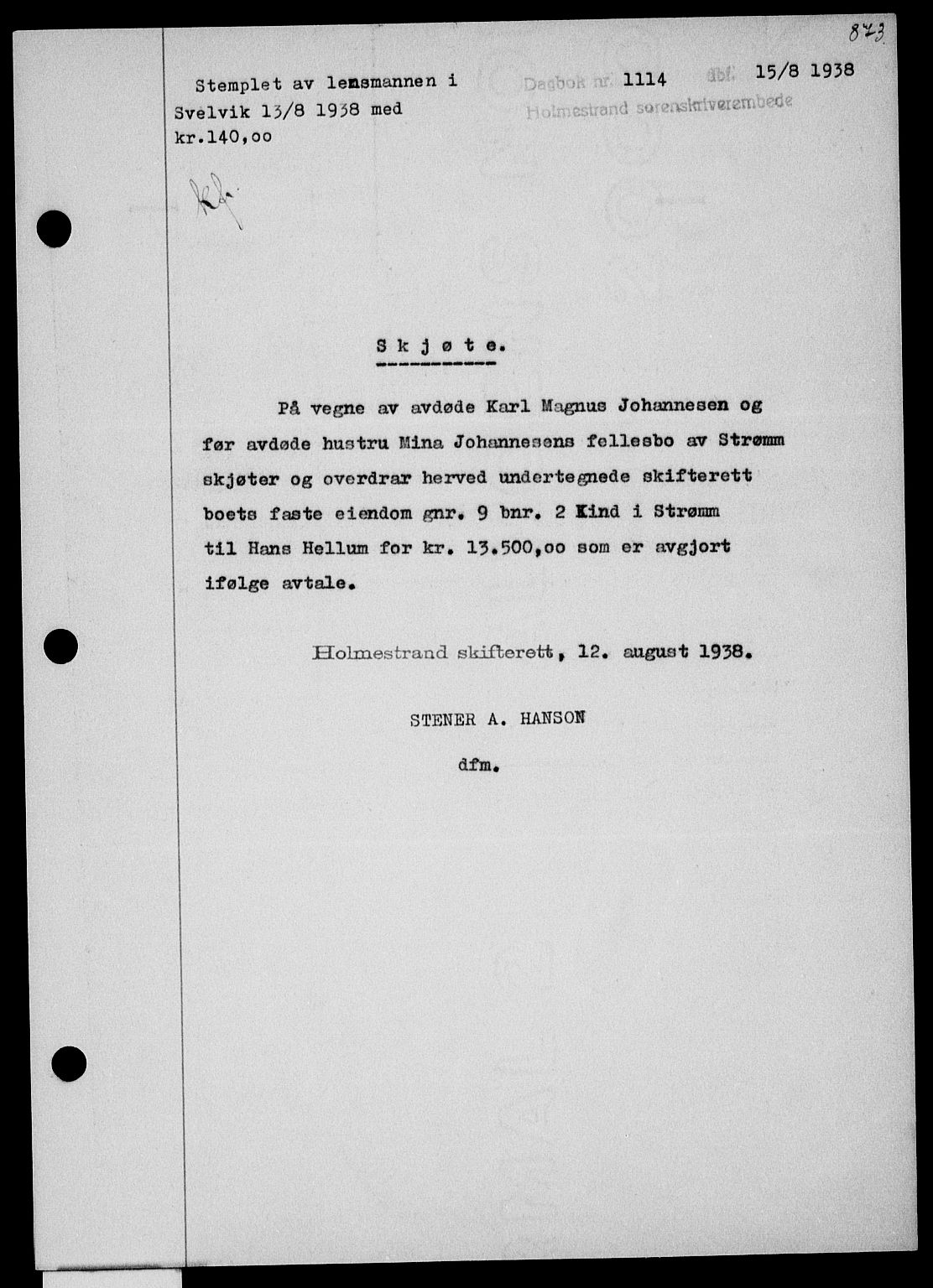 Holmestrand sorenskriveri, SAKO/A-67/G/Ga/Gaa/L0049: Pantebok nr. A-49, 1937-1938, Dagboknr: 1114/1938