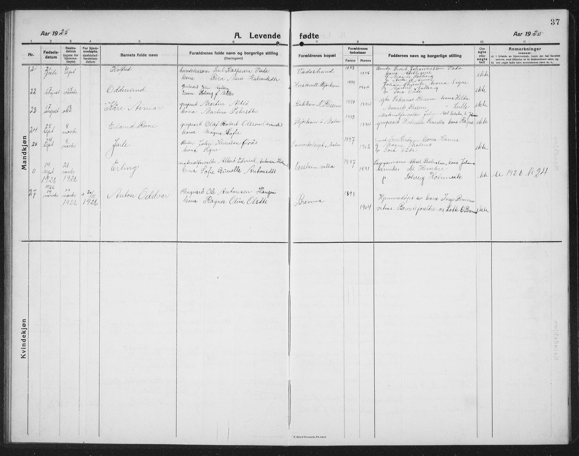 Ministerialprotokoller, klokkerbøker og fødselsregistre - Nord-Trøndelag, AV/SAT-A-1458/745/L0434: Klokkerbok nr. 745C03, 1914-1937, s. 37