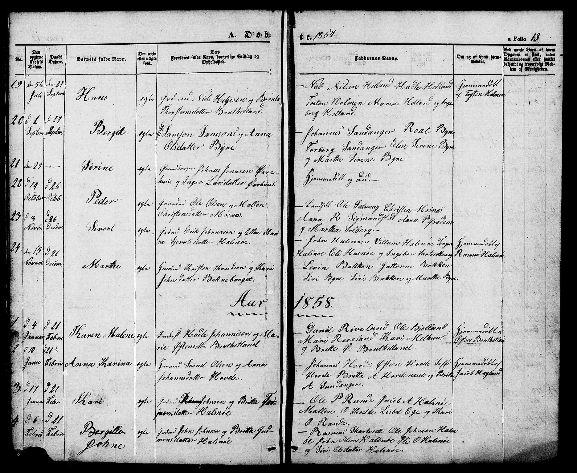 Hjelmeland sokneprestkontor, SAST/A-101843/01/V/L0005: Klokkerbok nr. B 5, 1853-1892, s. 13