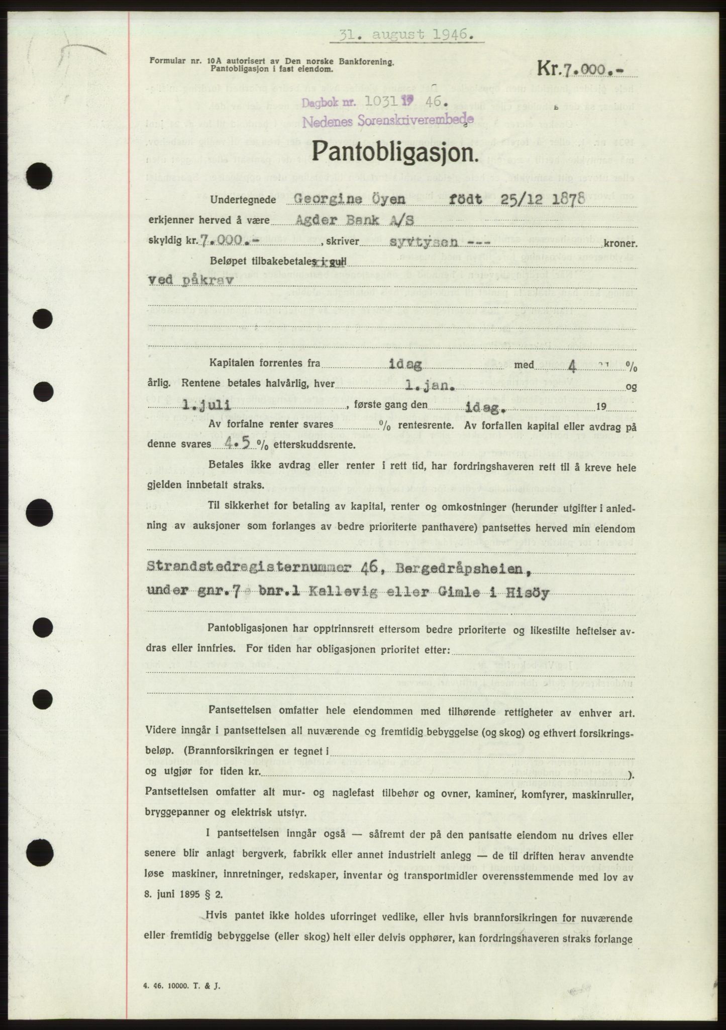 Nedenes sorenskriveri, SAK/1221-0006/G/Gb/Gbb/L0003: Pantebok nr. B3b, 1946-1946, Dagboknr: 1031/1946