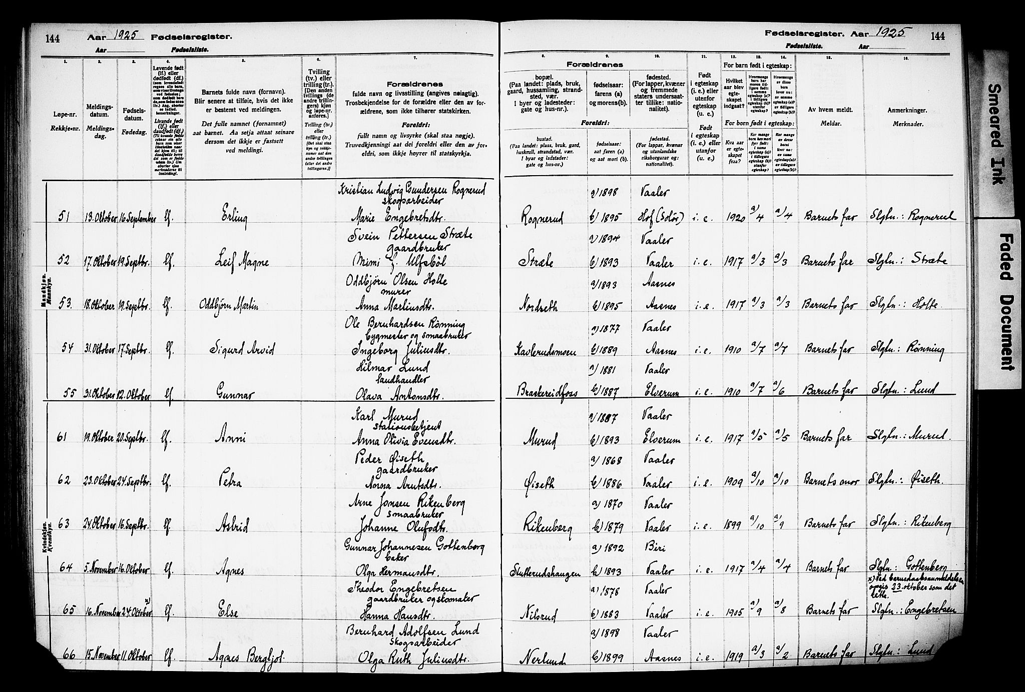 Våler prestekontor, Hedmark, AV/SAH-PREST-040/I/Id/L0001: Fødselsregister nr. 1, 1916-1930, s. 144