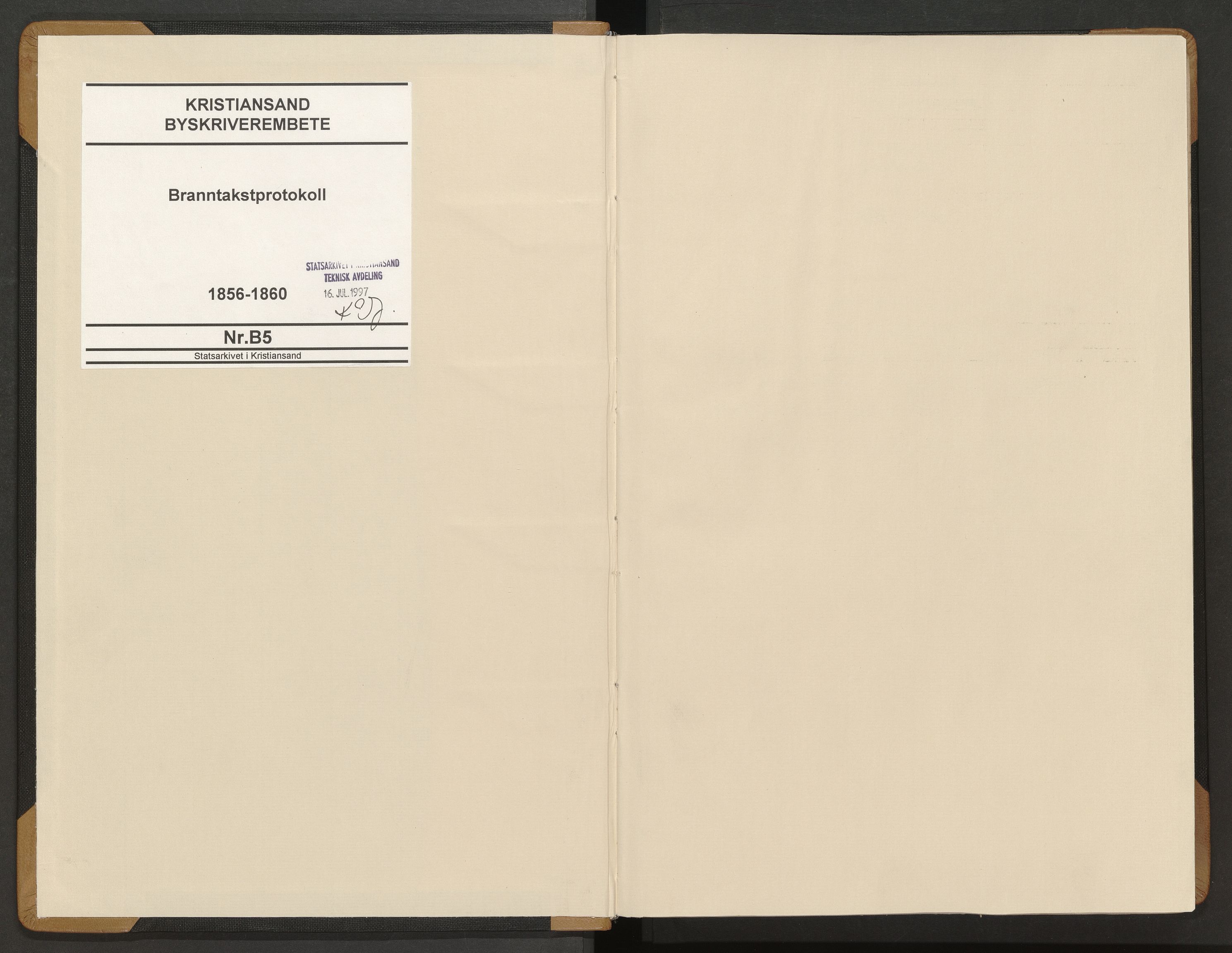 Norges Brannkasse Kristiansand, AV/SAK-2241-0030/F/Fa/L0022: Branntakstprotokoll nr. B5, 1856-1860
