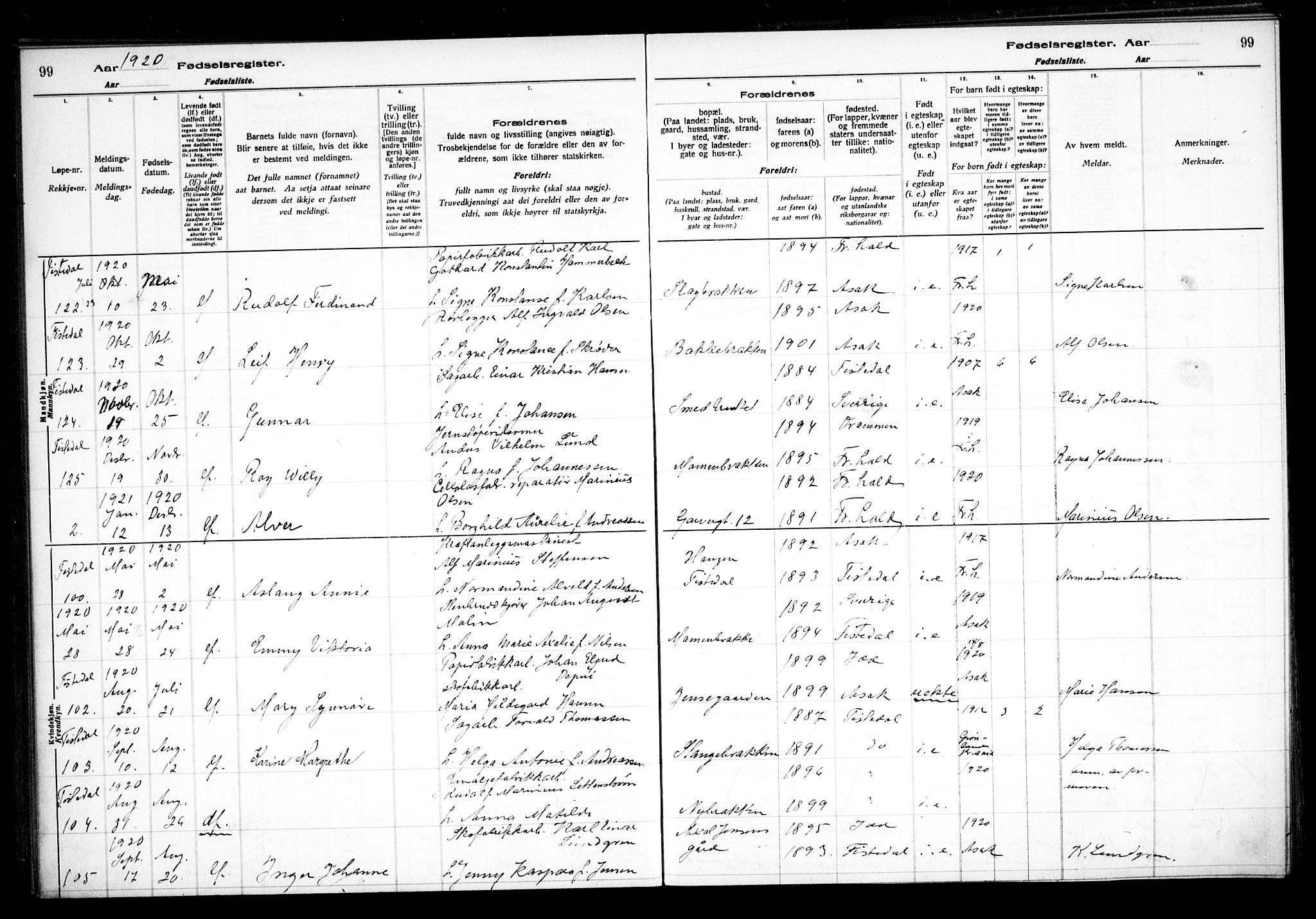 Halden prestekontor Kirkebøker, SAO/A-10909/J/Ja/L0001: Fødselsregister nr. I 1, 1916-1925, s. 99