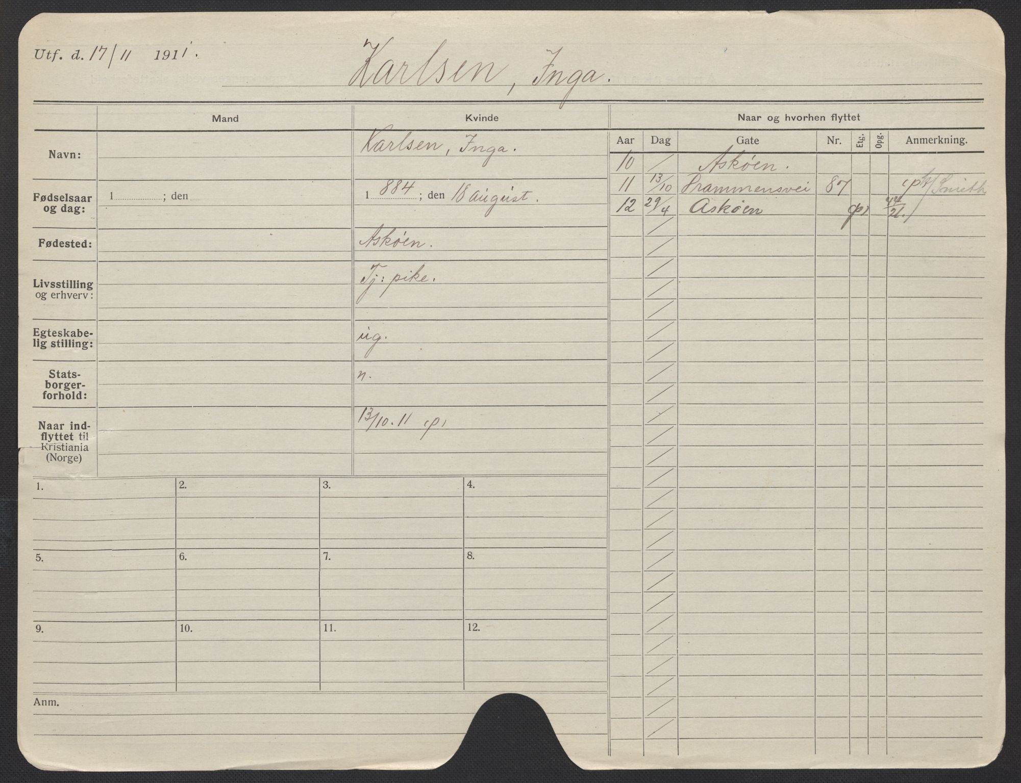 Oslo folkeregister, Registerkort, AV/SAO-A-11715/F/Fa/Fac/L0018: Kvinner, 1906-1914, s. 850a