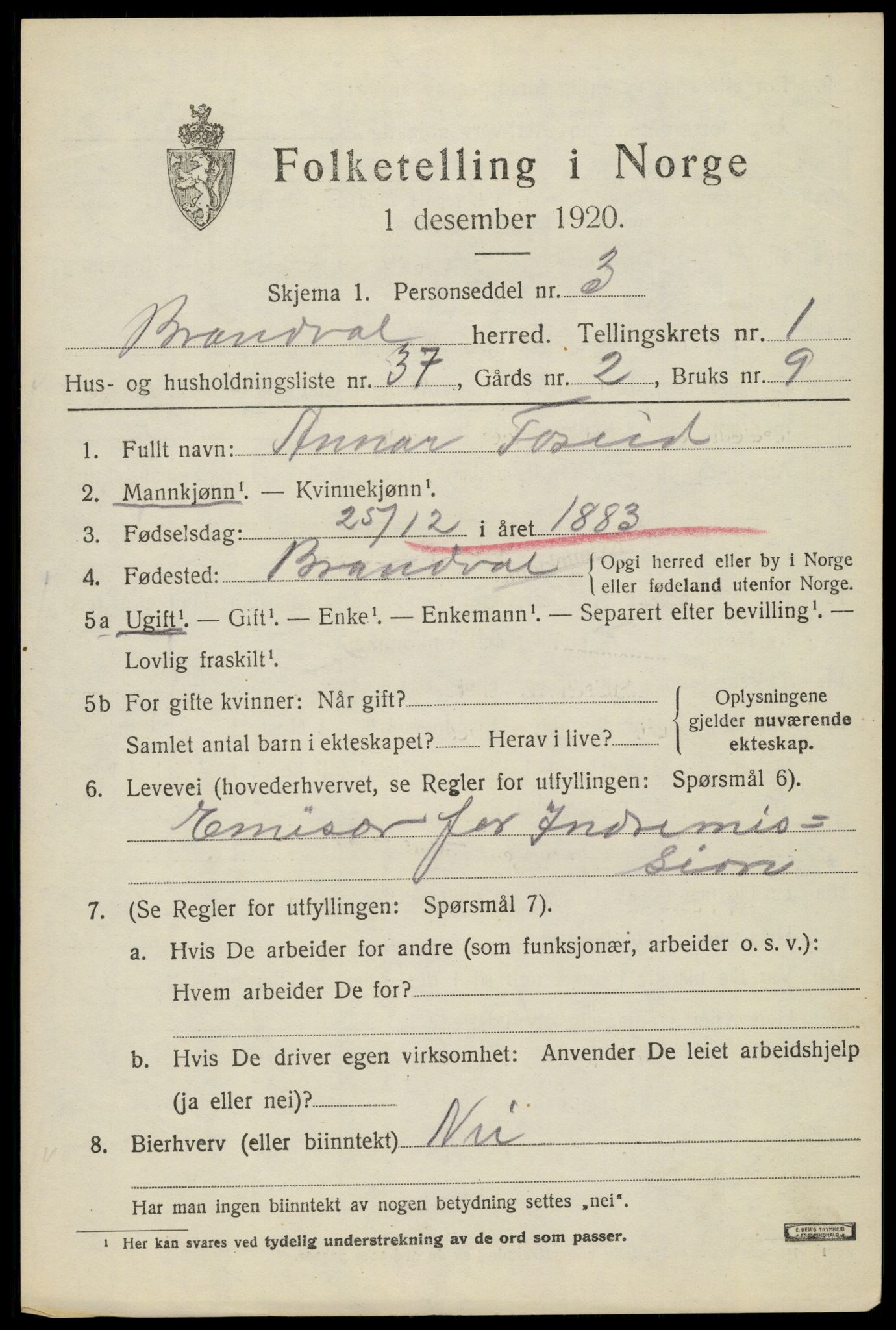 SAH, Folketelling 1920 for 0422 Brandval herred, 1920, s. 1998