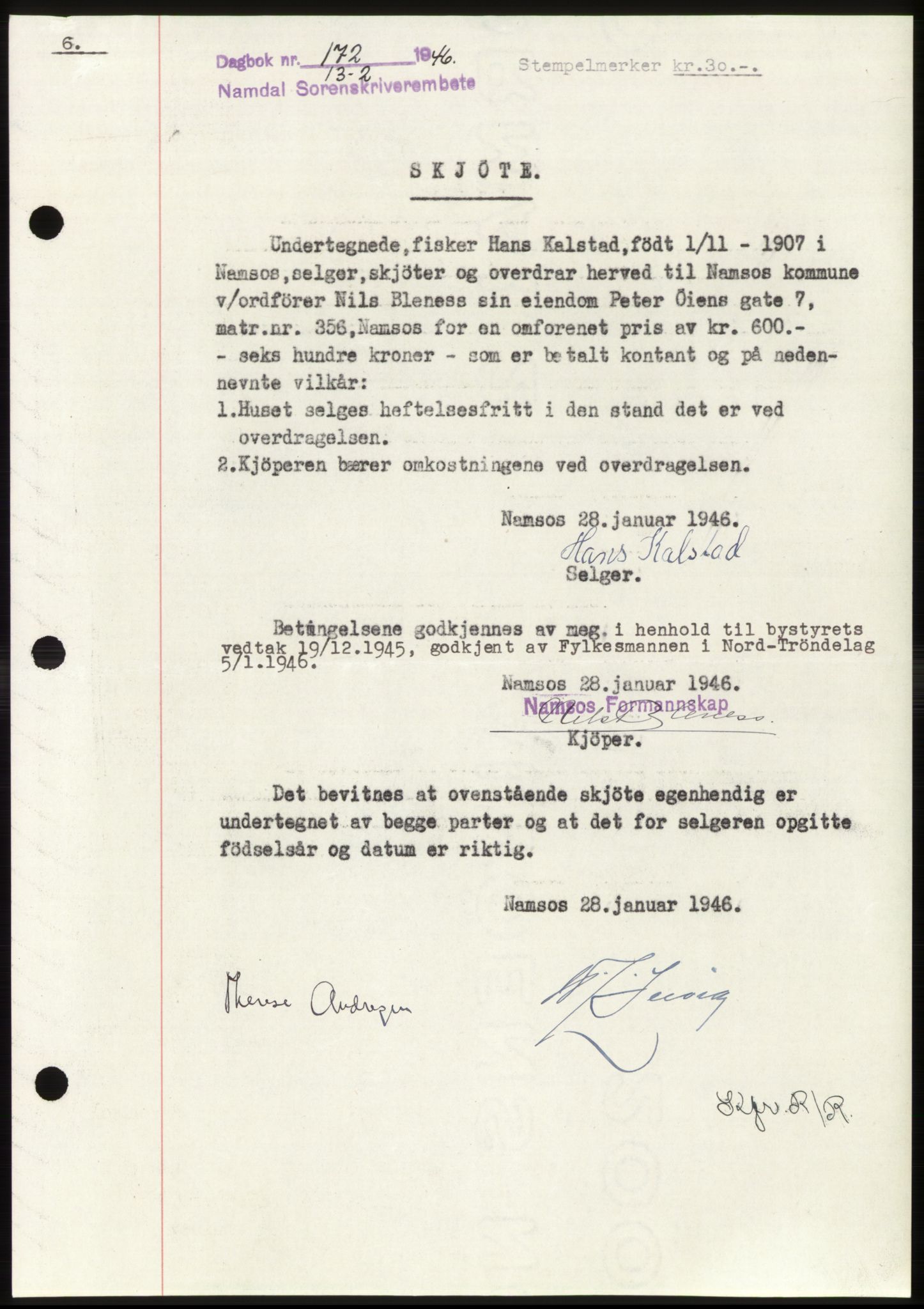 Namdal sorenskriveri, SAT/A-4133/1/2/2C: Pantebok nr. -, 1946-1946, Dagboknr: 172/1946