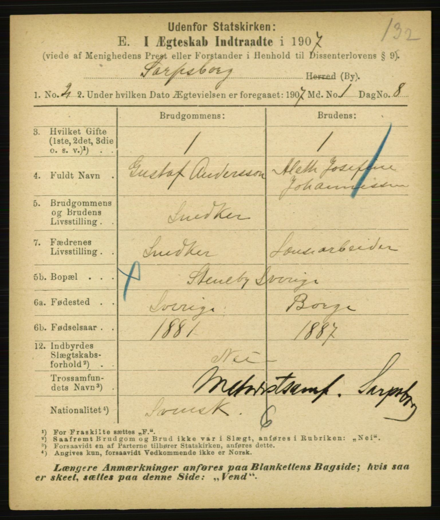 Statistisk sentralbyrå, Sosiodemografiske emner, Befolkning, AV/RA-S-2228/E/L0005: Fødte, gifte, døde dissentere., 1907, s. 1721