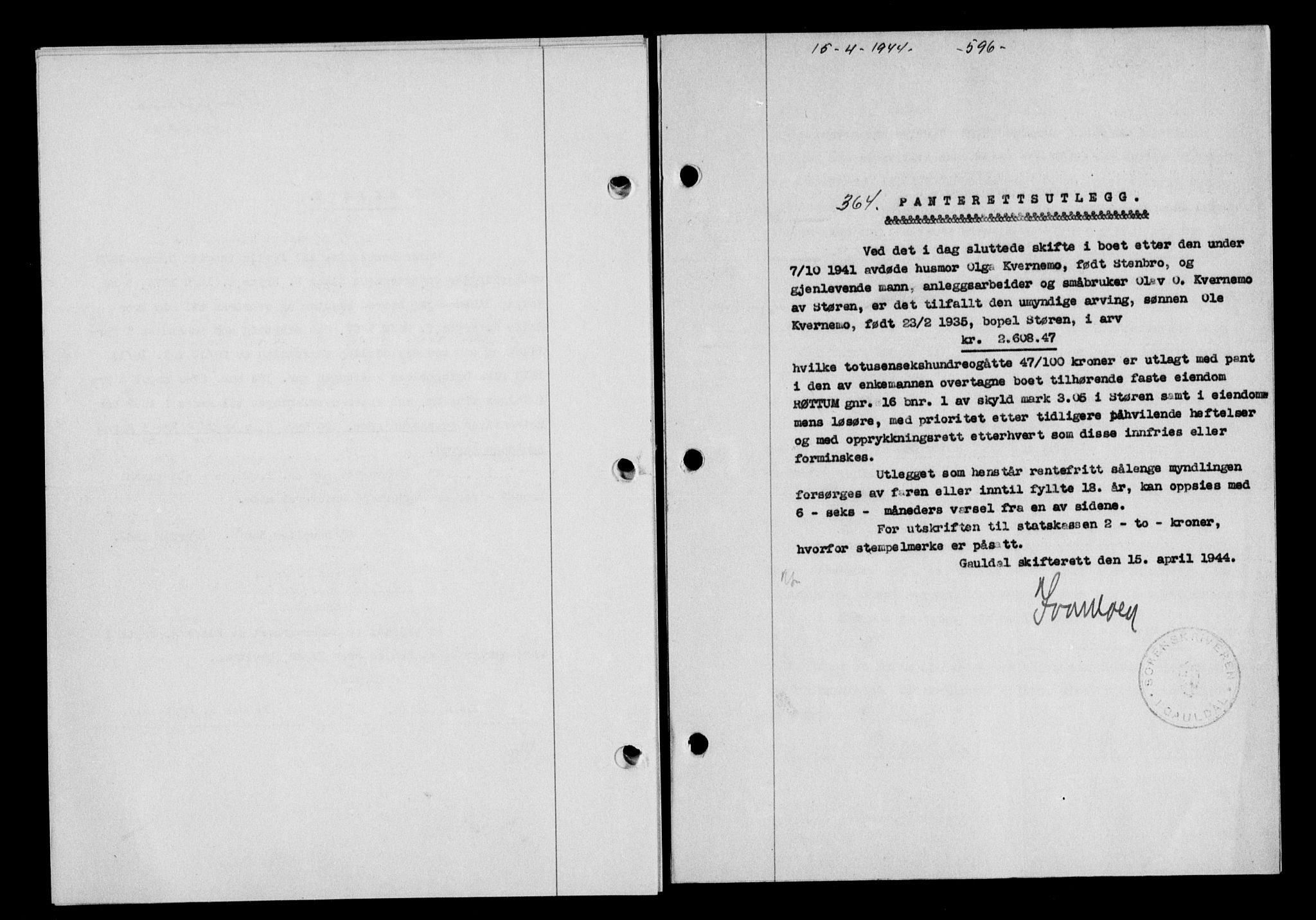 Gauldal sorenskriveri, SAT/A-0014/1/2/2C/L0057: Pantebok nr. 62, 1943-1944, Dagboknr: 364/1944