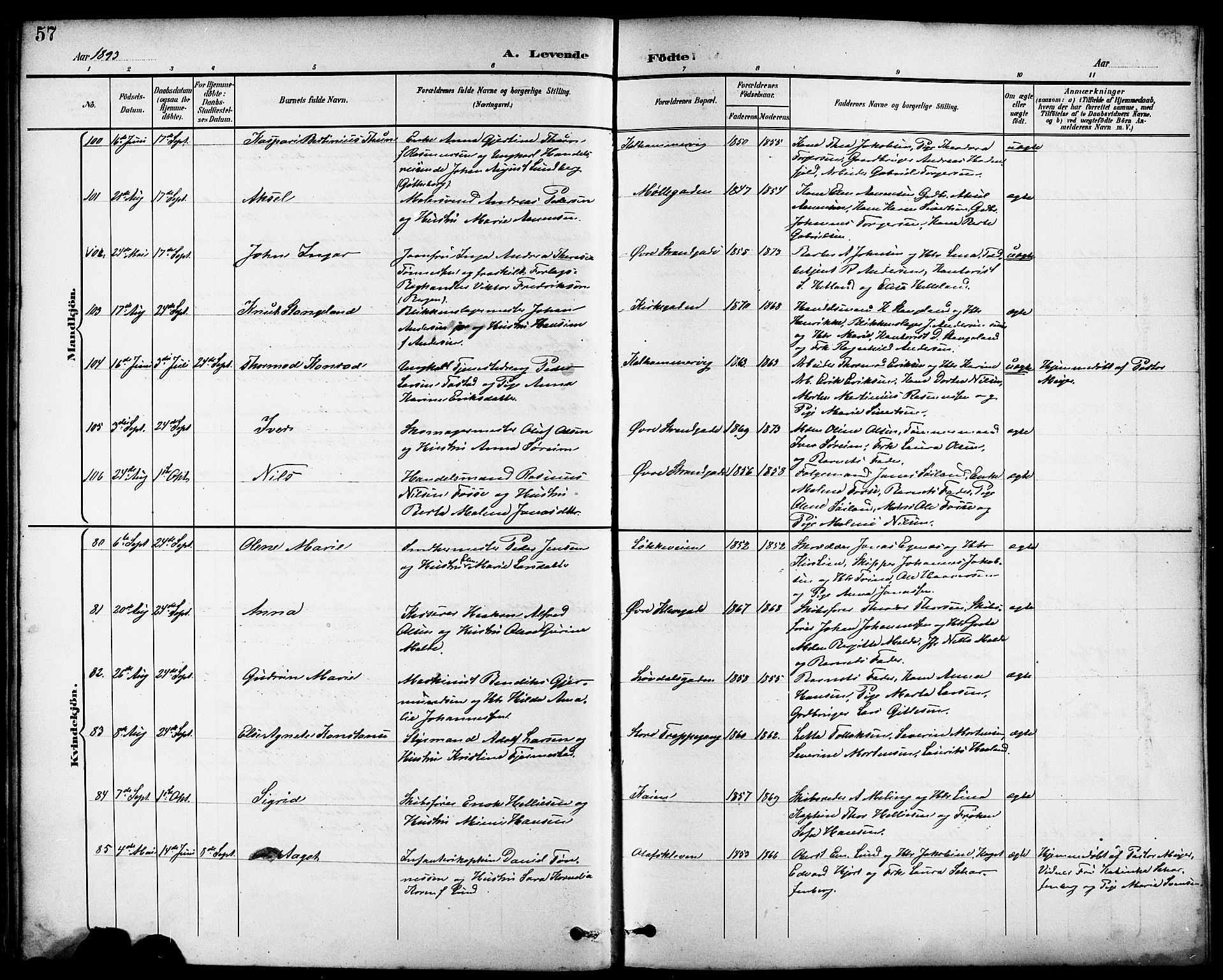 Domkirken sokneprestkontor, AV/SAST-A-101812/001/30/30BB/L0016: Klokkerbok nr. B 16, 1891-1902, s. 57