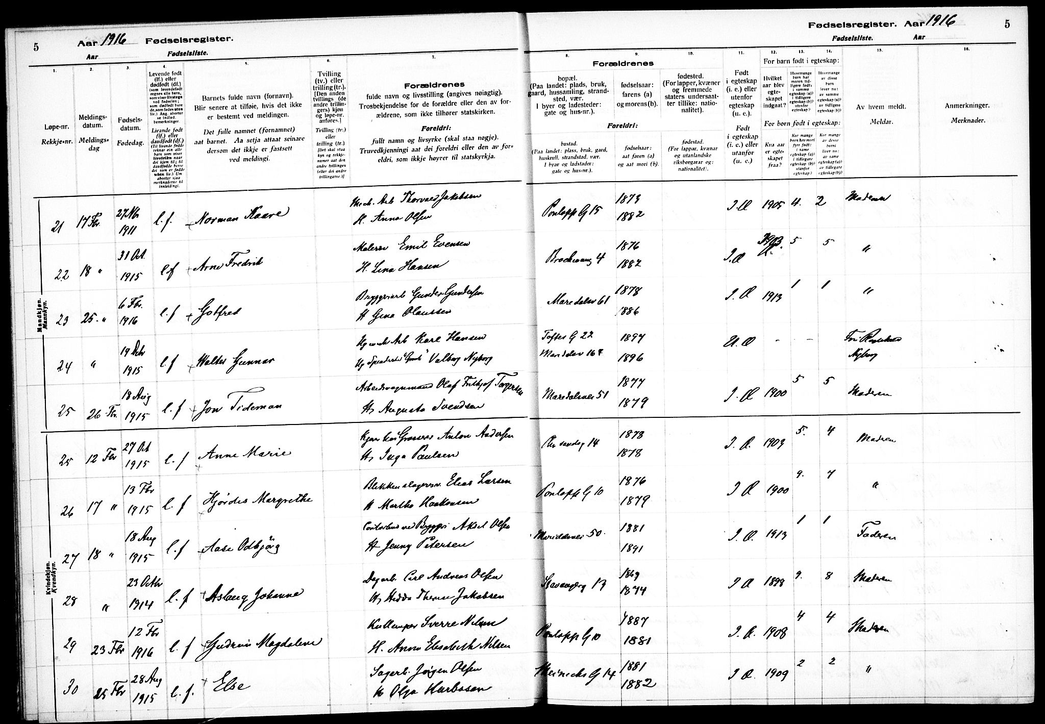 Sagene prestekontor Kirkebøker, SAO/A-10796/J/L0001: Fødselsregister nr. 1, 1916-1920, s. 5