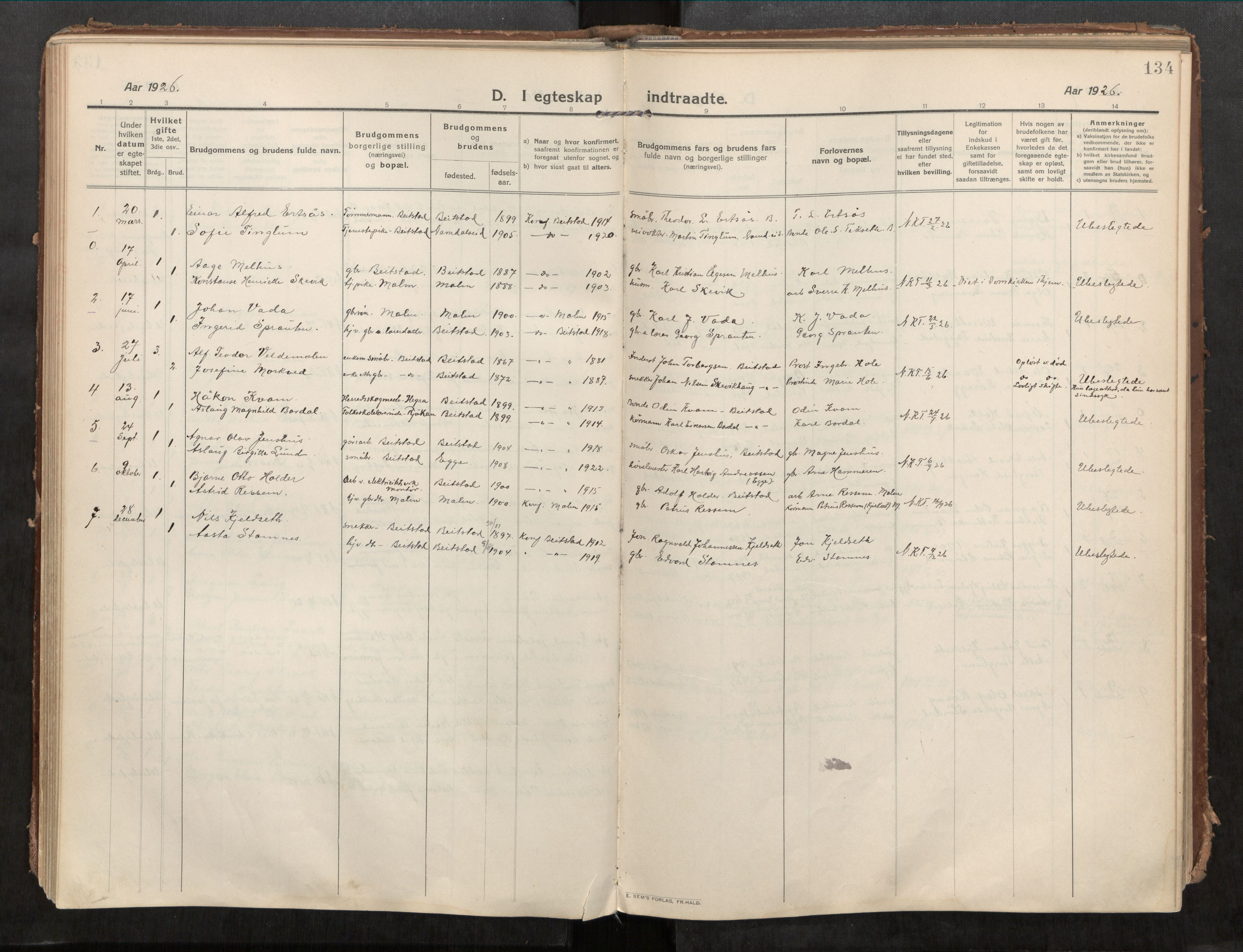 Beitstad sokneprestkontor, AV/SAT-A-1162/I/I1/I1a/L0001: Ministerialbok nr. 1, 1912-1927, s. 134