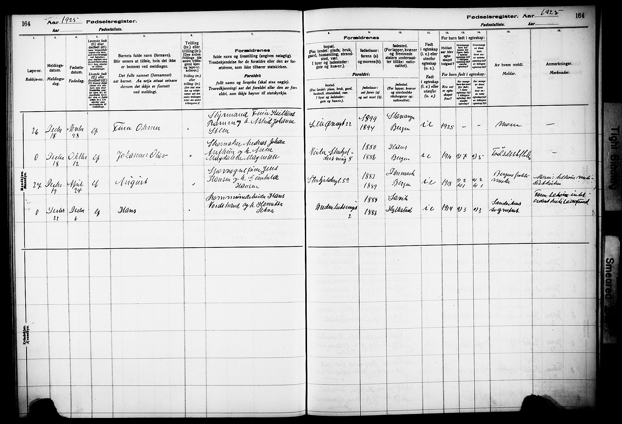 Korskirken sokneprestembete, SAB/A-76101/I/Id/L00A1: Fødselsregister nr. A 1, 1916-1929, s. 164