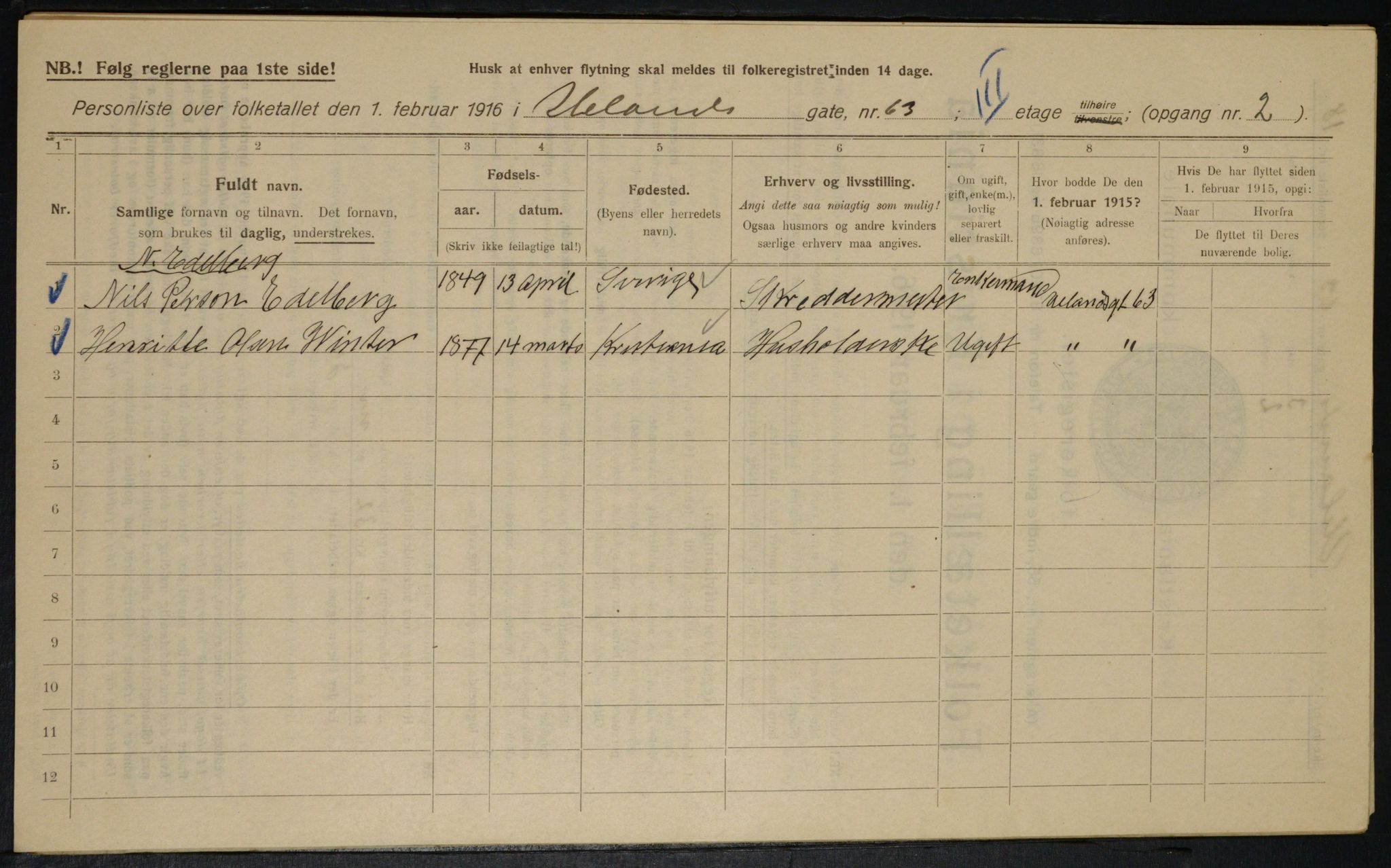 OBA, Kommunal folketelling 1.2.1916 for Kristiania, 1916, s. 122129