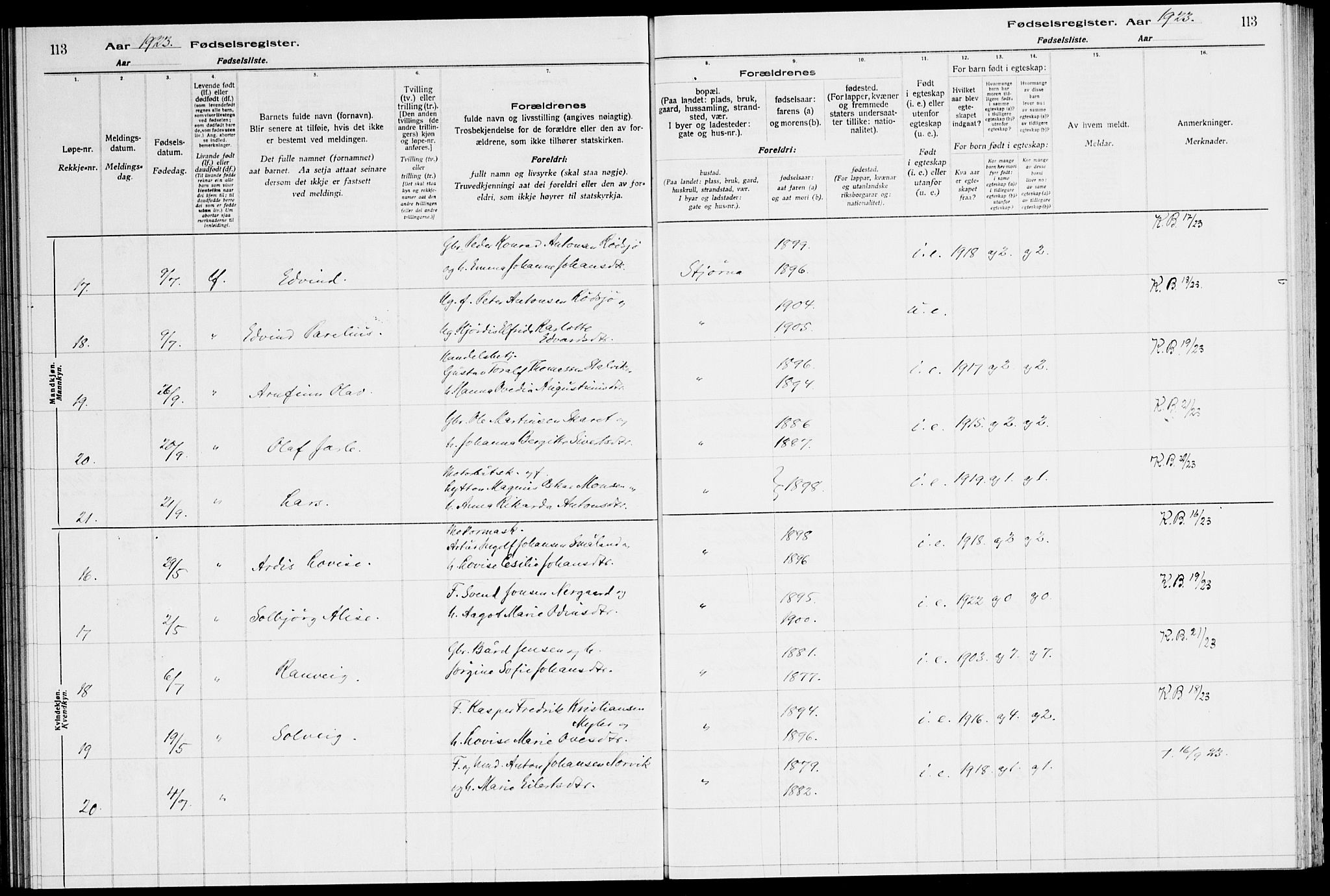 Ministerialprotokoller, klokkerbøker og fødselsregistre - Sør-Trøndelag, AV/SAT-A-1456/651/L0650: Fødselsregister nr. 651.II.4.1, 1916-1923, s. 113