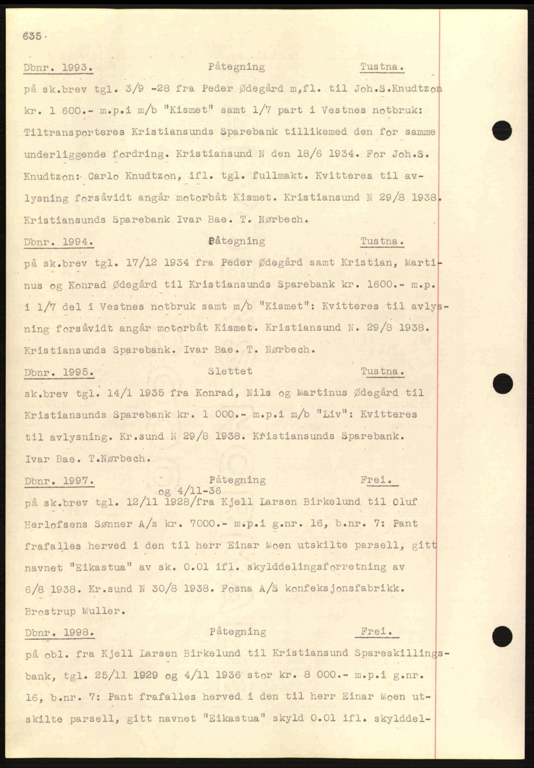 Nordmøre sorenskriveri, SAT/A-4132/1/2/2Ca: Pantebok nr. C80, 1936-1939, Dagboknr: 1993/1938