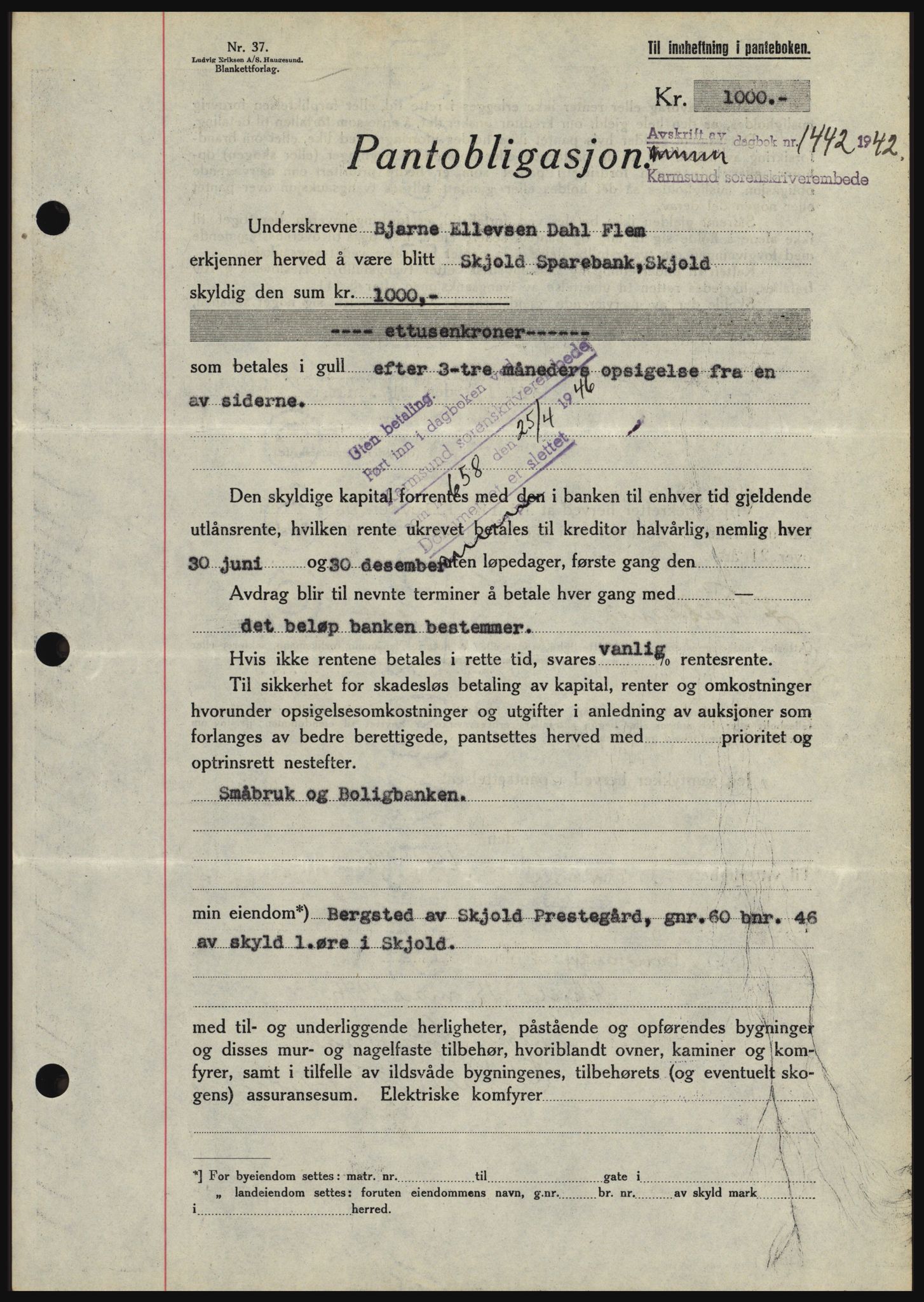 Karmsund sorenskriveri, SAST/A-100311/01/II/IIBBE/L0008: Pantebok nr. B 54, 1942-1943, Dagboknr: 1442/1942