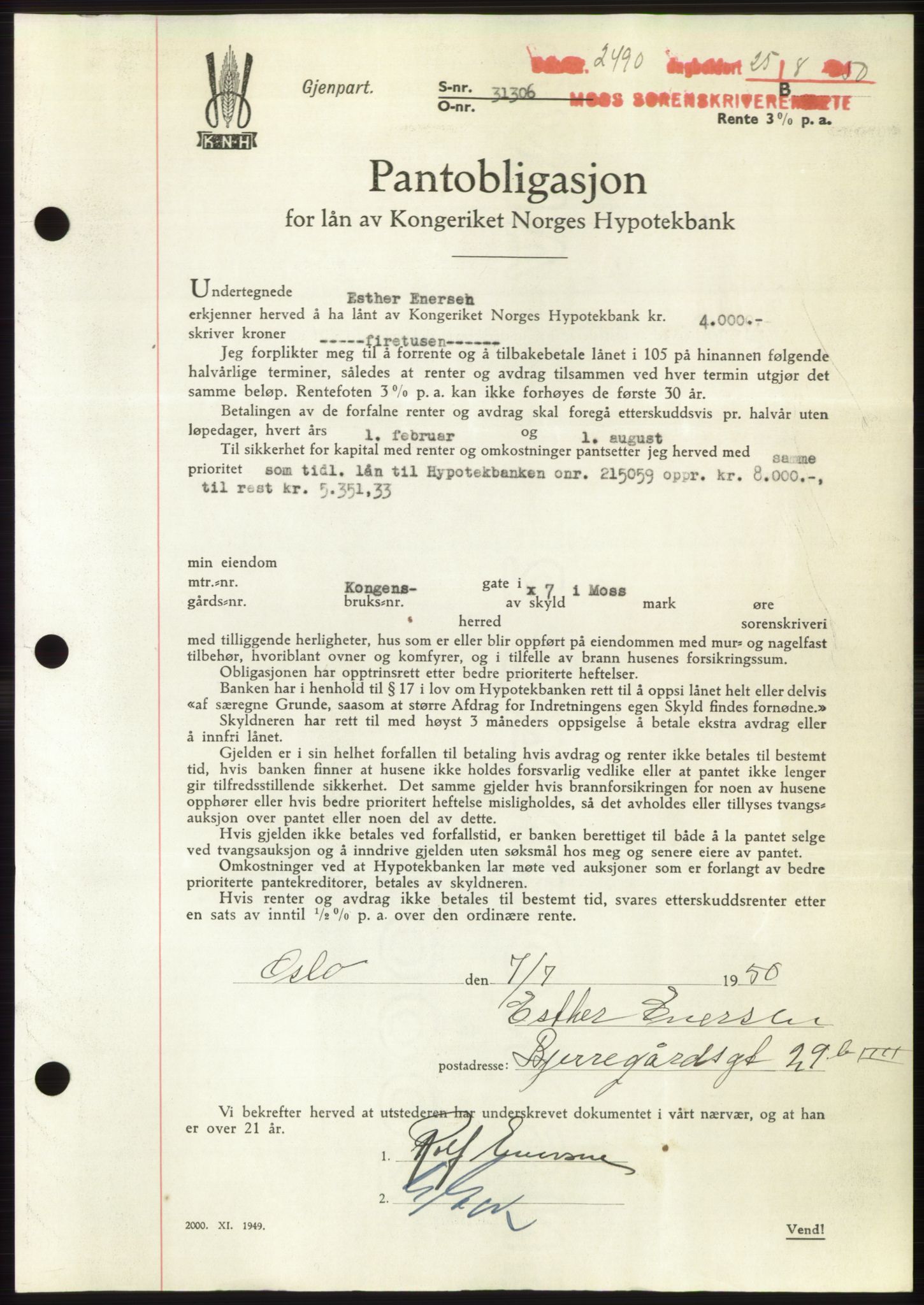 Moss sorenskriveri, SAO/A-10168: Pantebok nr. B25, 1950-1950, Dagboknr: 2490/1950
