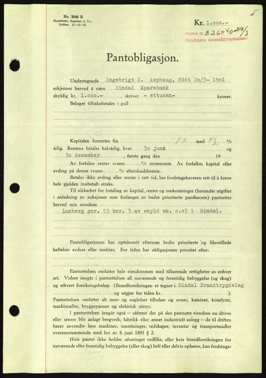 Nordmøre sorenskriveri, AV/SAT-A-4132/1/2/2Ca: Pantebok nr. B87, 1940-1941, Dagboknr: 836/1940