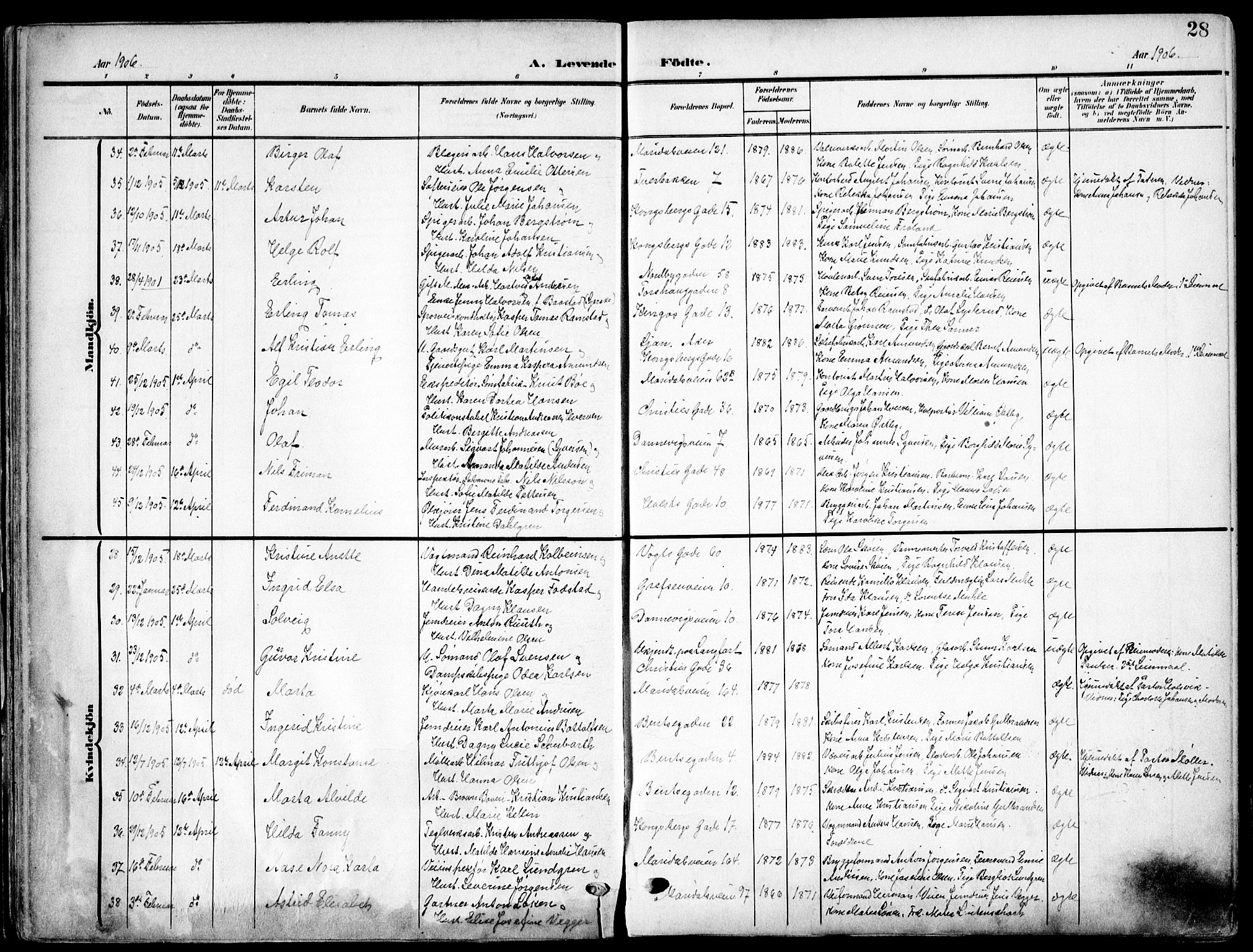 Sagene prestekontor Kirkebøker, AV/SAO-A-10796/F/L0007: Ministerialbok nr. 7, 1905-1915, s. 28