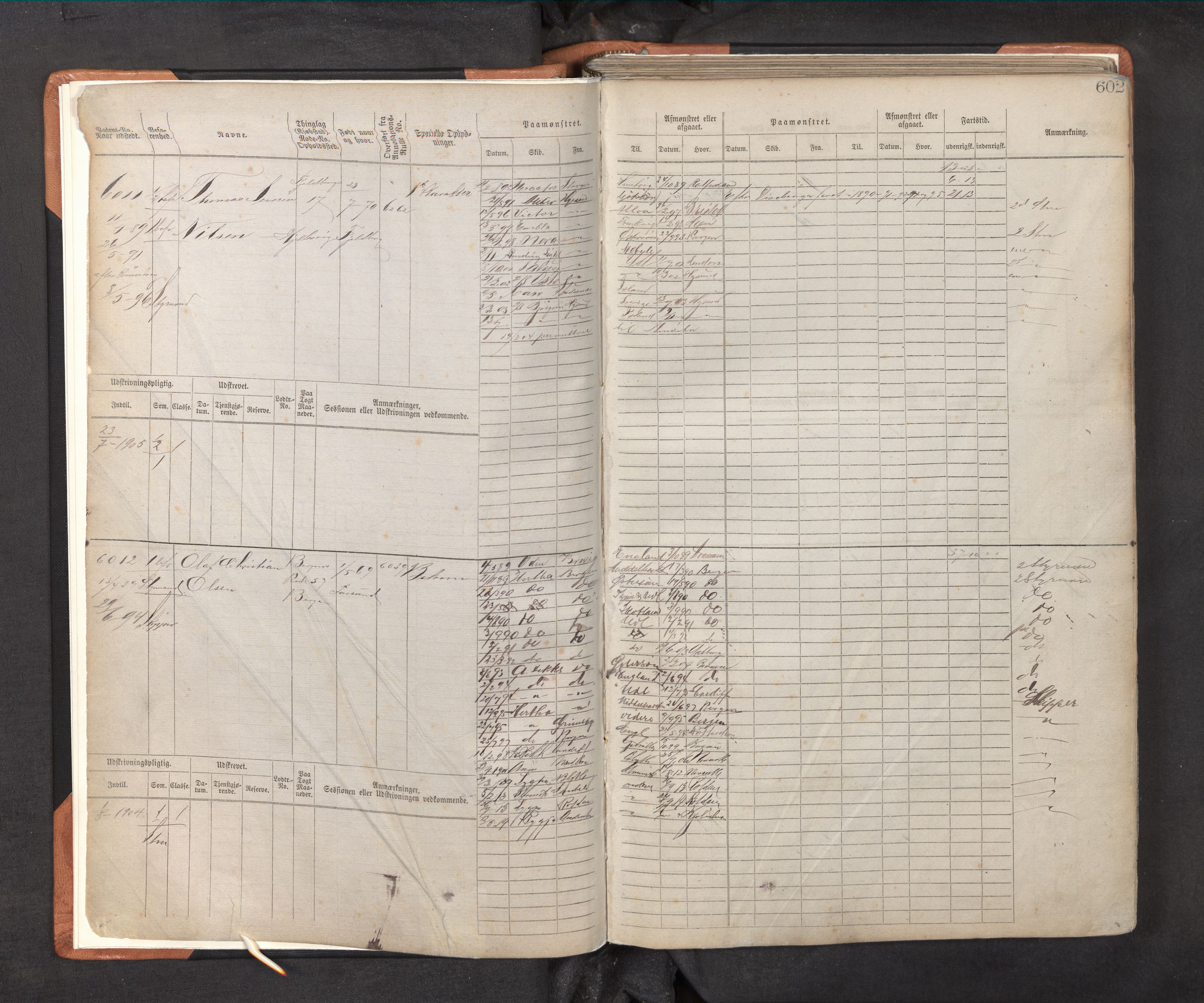 Innrulleringssjefen i Bergen, SAB/A-100050/F/Fc/L0010: Sjøfartshovedrulle, nr. 6011 - 6610, 1889-1895, s. 602